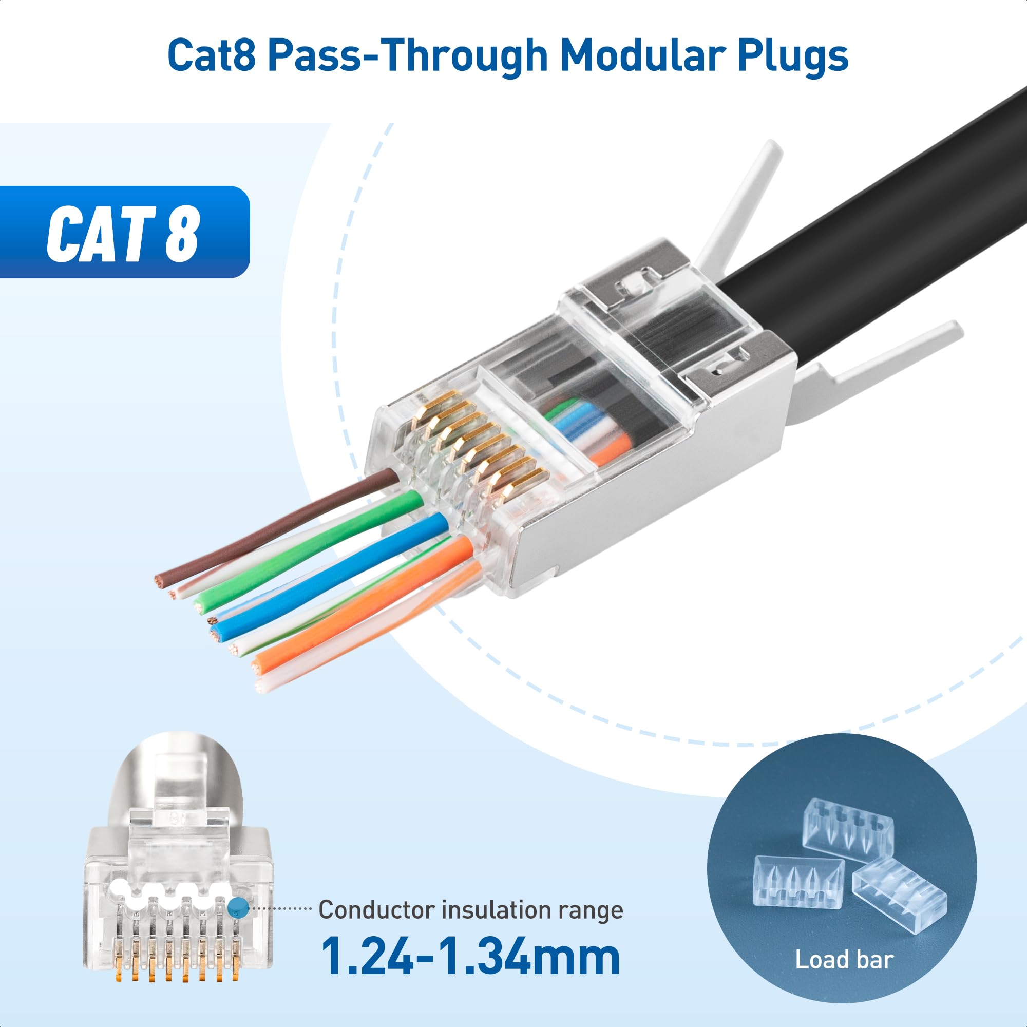 Cable Matters 20 Pack 23 24AWG Shielded Cat8 RJ45 Pass Through Connector with Load Bar & Strain Relief Boots, NOT Compatible with 22AWG Cable (Cat8 Pass Through RJ45 Plugs/Cat 8 Pass Thru Connectors)