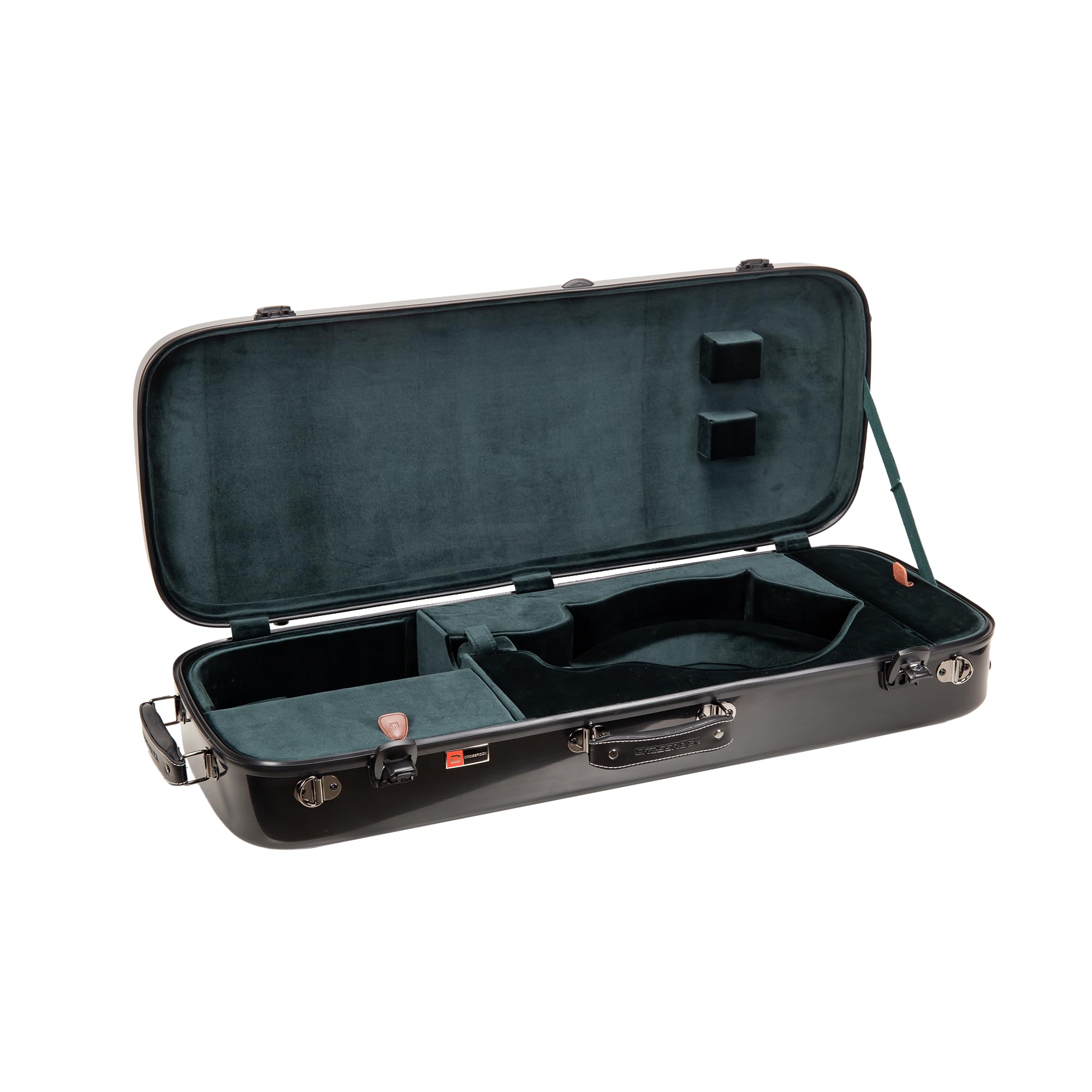 Crossrock Fiberglass Mandolin Case - Oblong For F-Style (Fits Gibson F5) | Black Gloss Finish, Forest Green Velvet, Tsa Lock, Hy