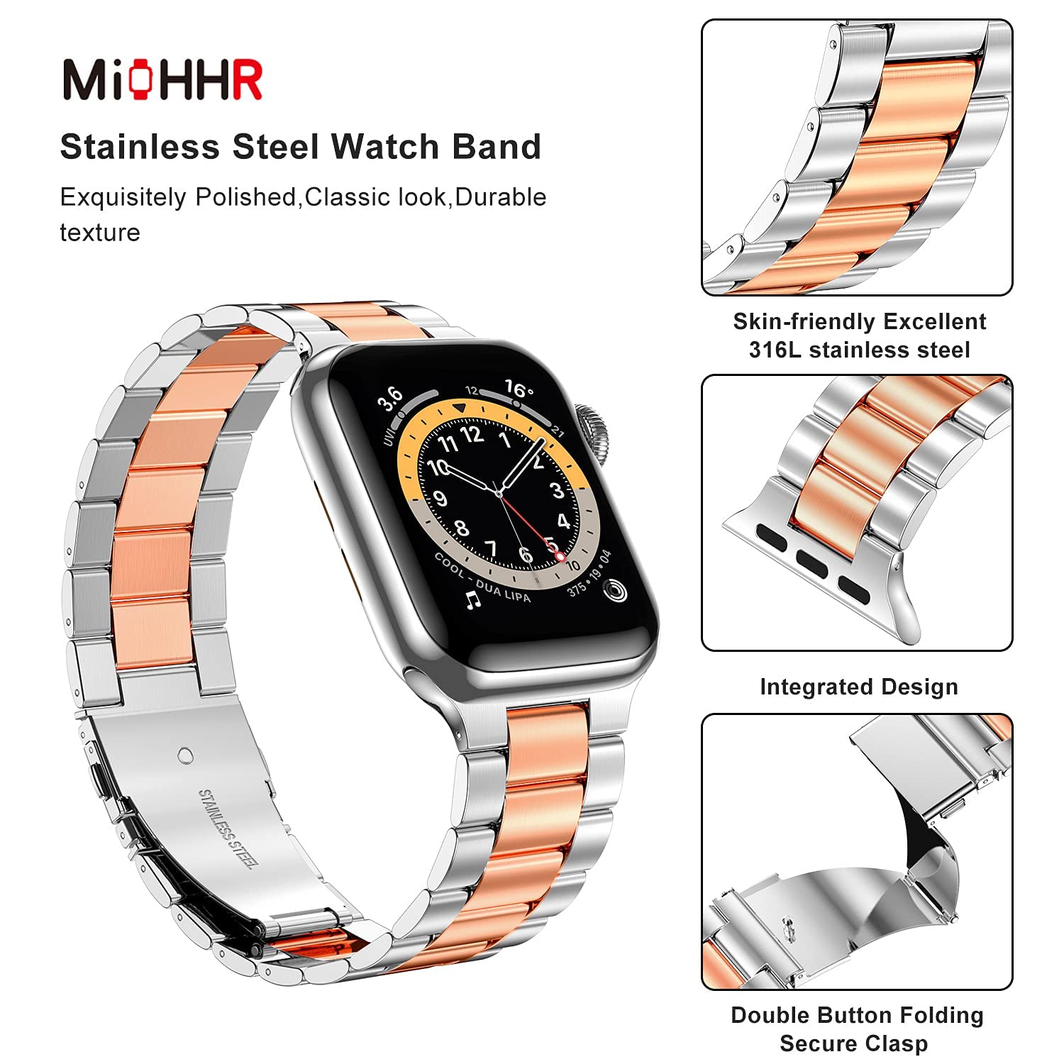 Miohhr Metal Band Compatible Apple Watch Band 45Mm 44Mm 42Mm, Solid Stainless Steel Strap For Men Iwatch Bands Series 8 7 6 5 4