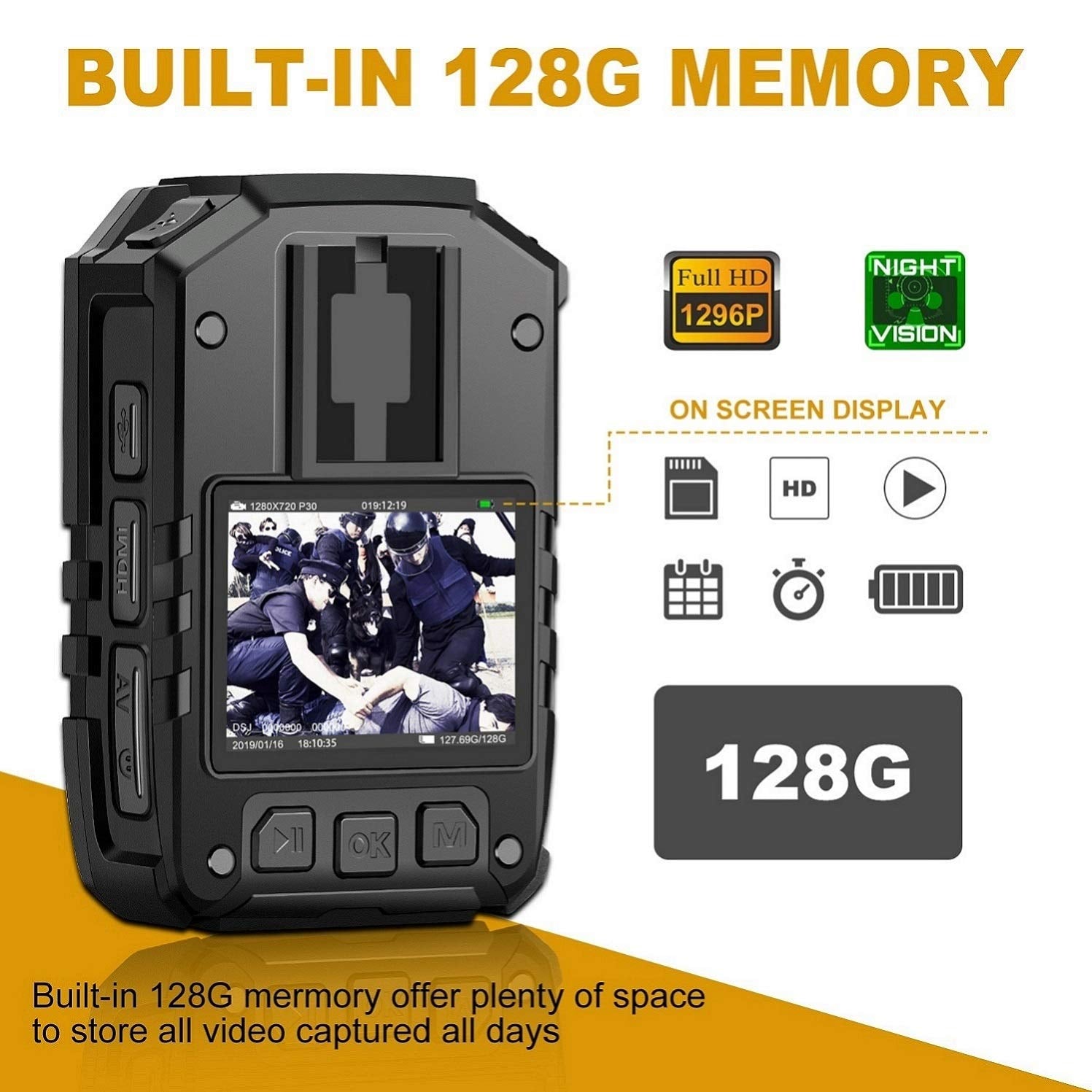 CammPro I826 1296P HD Waterproof Body Camera with 128GB Memory, Night Vision, GPS, Audio Recording - Black, Wearable for Law Enforcement