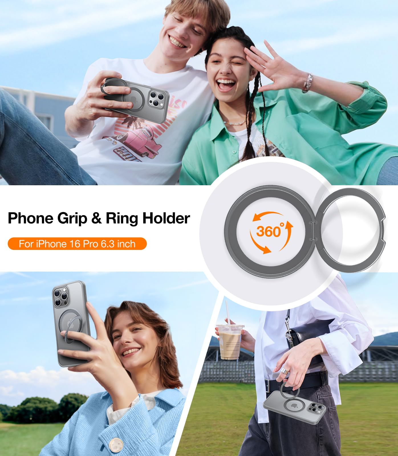 Torras 360Rotatable Magnetic For Iphone 16 Pro Case 6.3 Inch, Fit For Magsafe 16 Pro Phone Case, 16Ft Military Grade Shockproof,