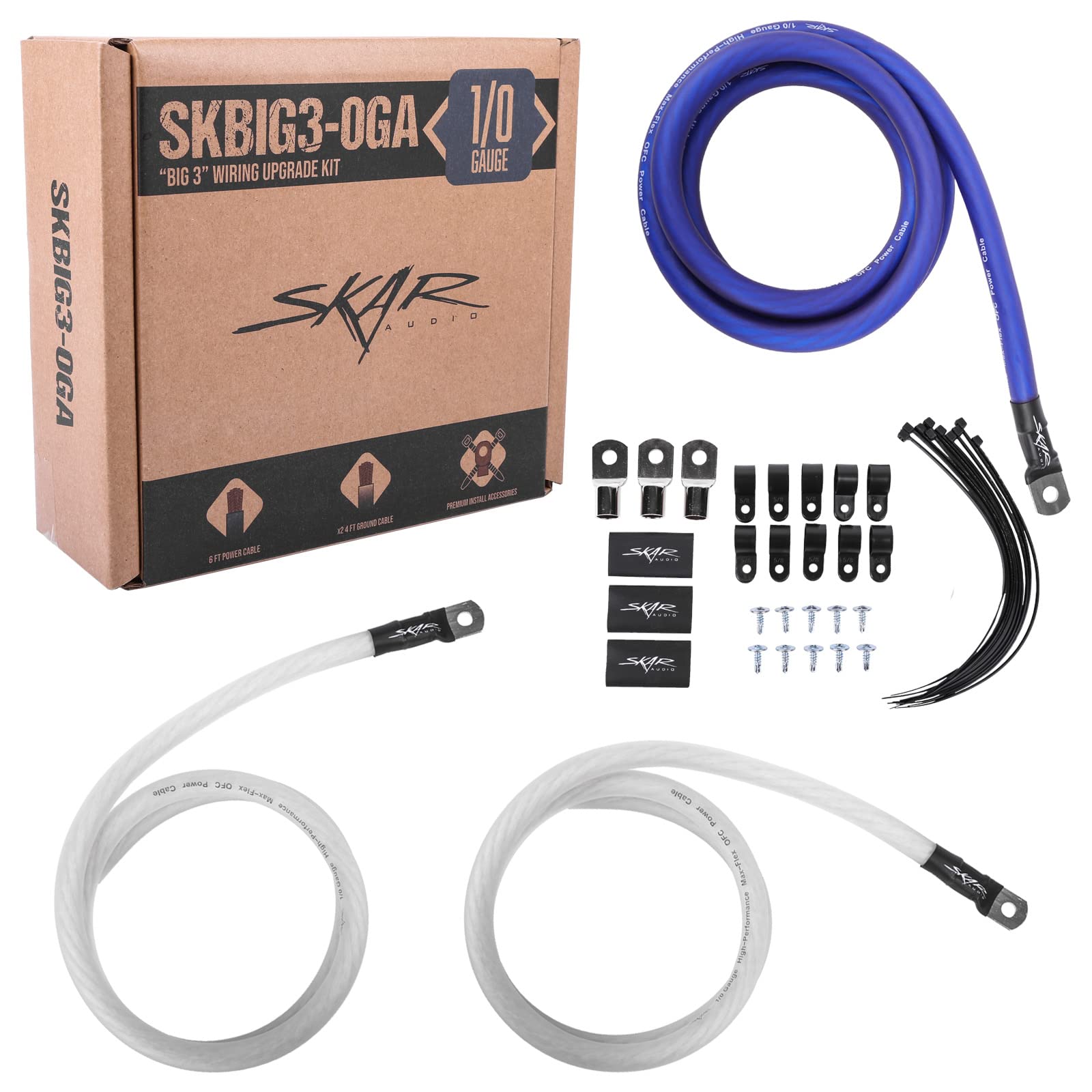 Skar Audio 1/0 Gauge OFC Big 3 Wiring Kit - Complete Upgrade, Model SKBIG3-0GA, Durable Copper Material