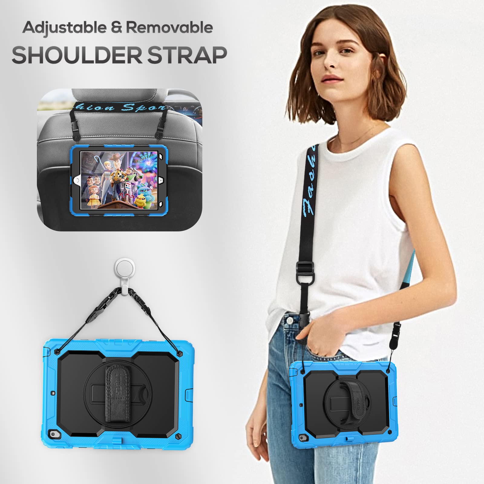 Seymac Kids Case For Ipad 9Th/ 8Th/ 7Th Generation 10.2' 2021 2019, Heavy Duty Protective Shockproof Case With Screen Protector, Rotating Stand/Handle/Shoulder Strap For Ipad 10.2, Light Blue