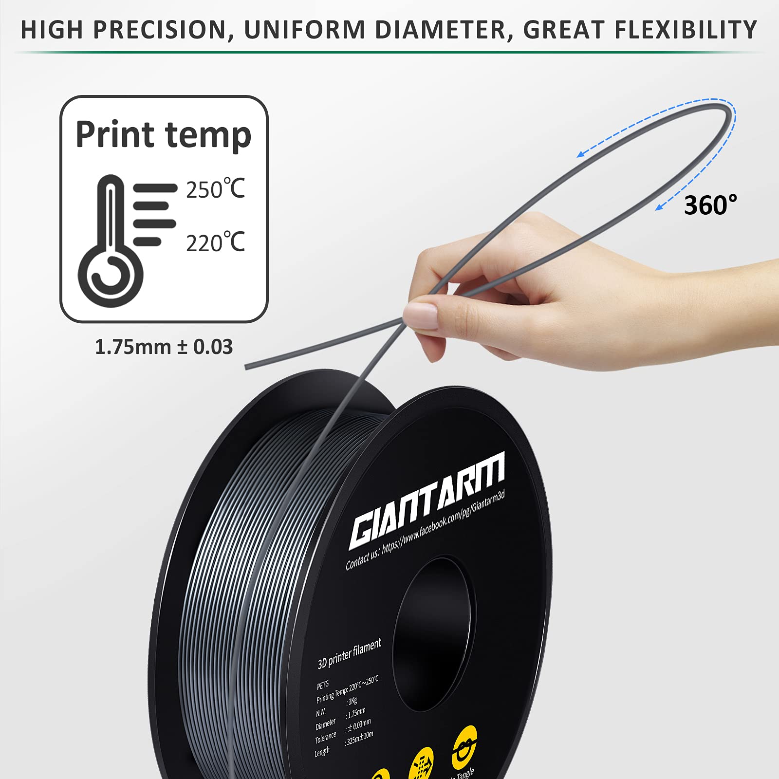 Giantarm Silver Petg 3D Printer Filament Toughness Enhanced 1Kg (2.2Lbs), 1.75Mm Dimensional Accuracy +/ 0.03Mm, 1080 Feet(330M/