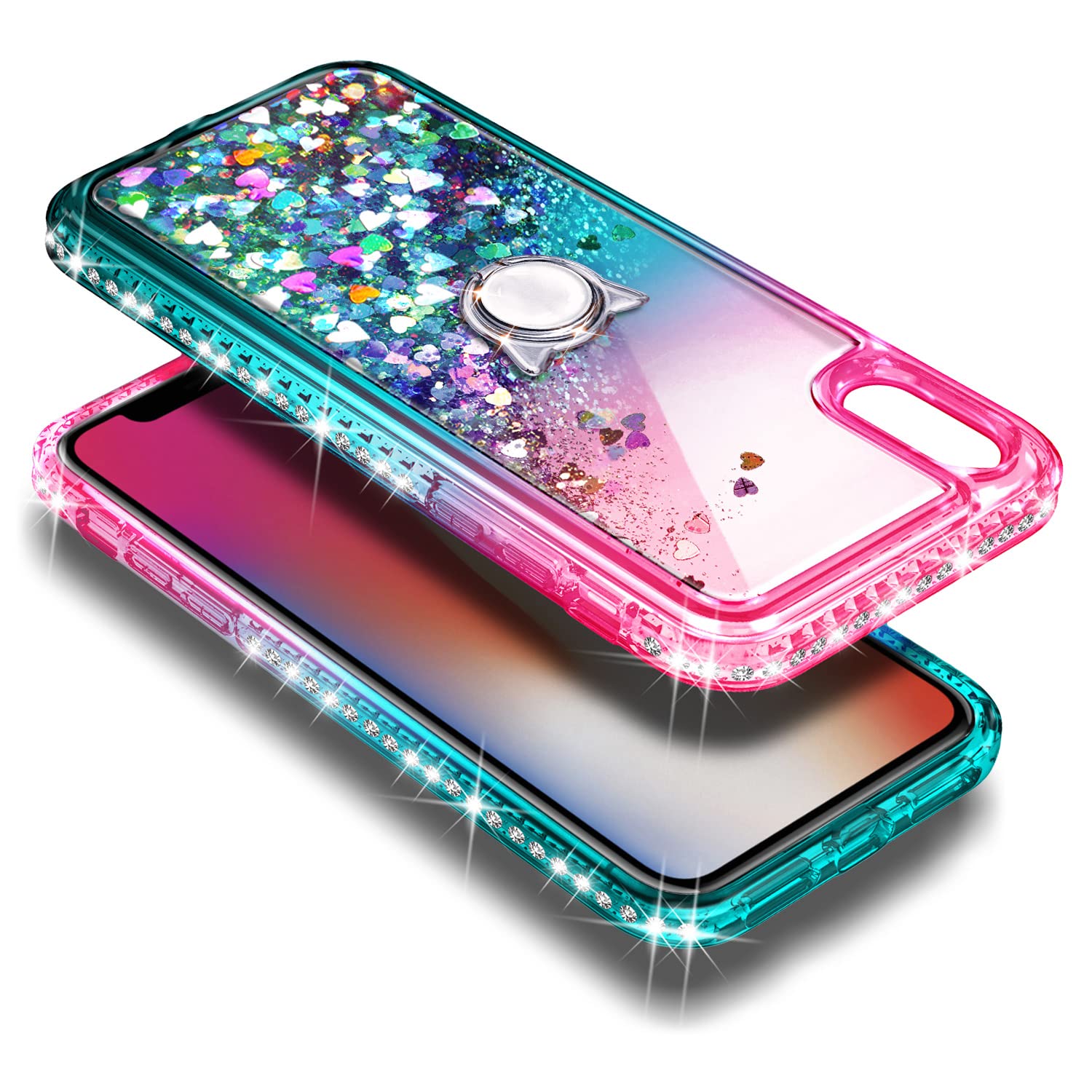Ngb Case For Iphone Xs Max With Tempered Glass Screen Protector, Ring Holder/Wrist Strap, Girls Women Liquid Bling Sparkle Flowi