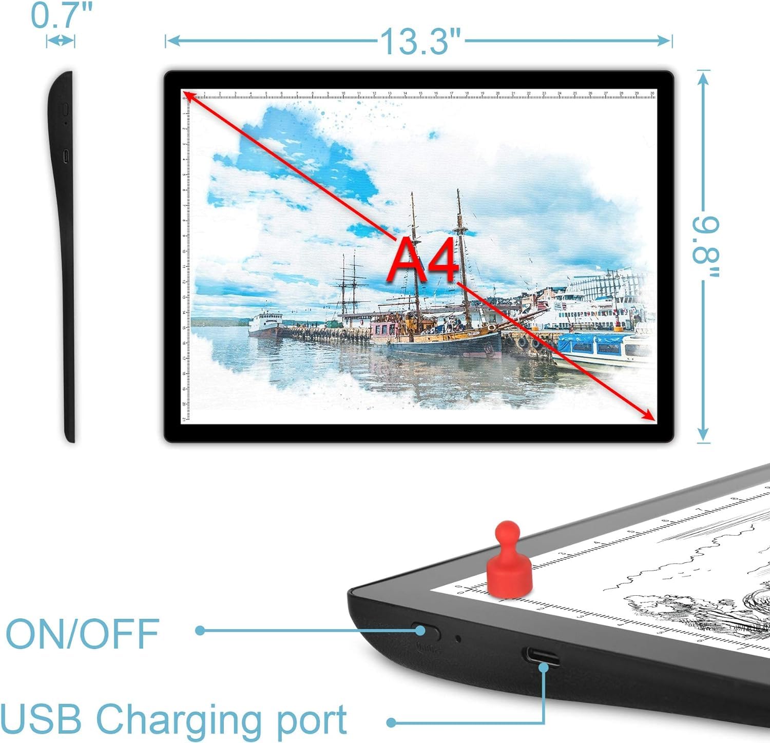 Rechargeable A4 Light Pad, Led Tracing Light Box For Diamond Painting, Comzler Light Board With Stepless Dimmable Type C Cable,