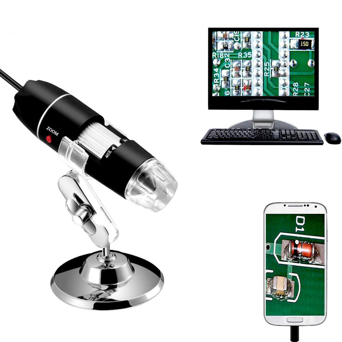 Jiusion 40 to 1000x Magnification Endoscope, 8 LED USB 2.0 Digital Microscope, Mini Camera with OTG Adapter Metal Stand, Compatible with Mac Windows 7 8 10 11 Android Linux Chrome Not for iPhone/iPad