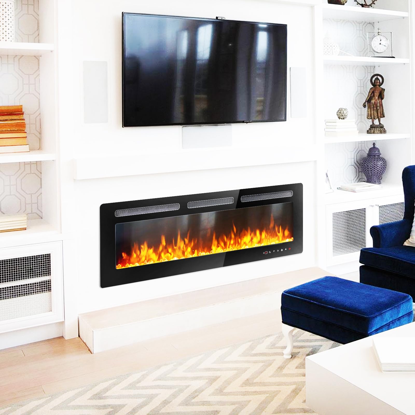 Lemberi 60 Inch Electric Fireplace Recessed And Wall Mounted,750/1500W Fireplace Heater And Linear Fireplace With Touch Screen C
