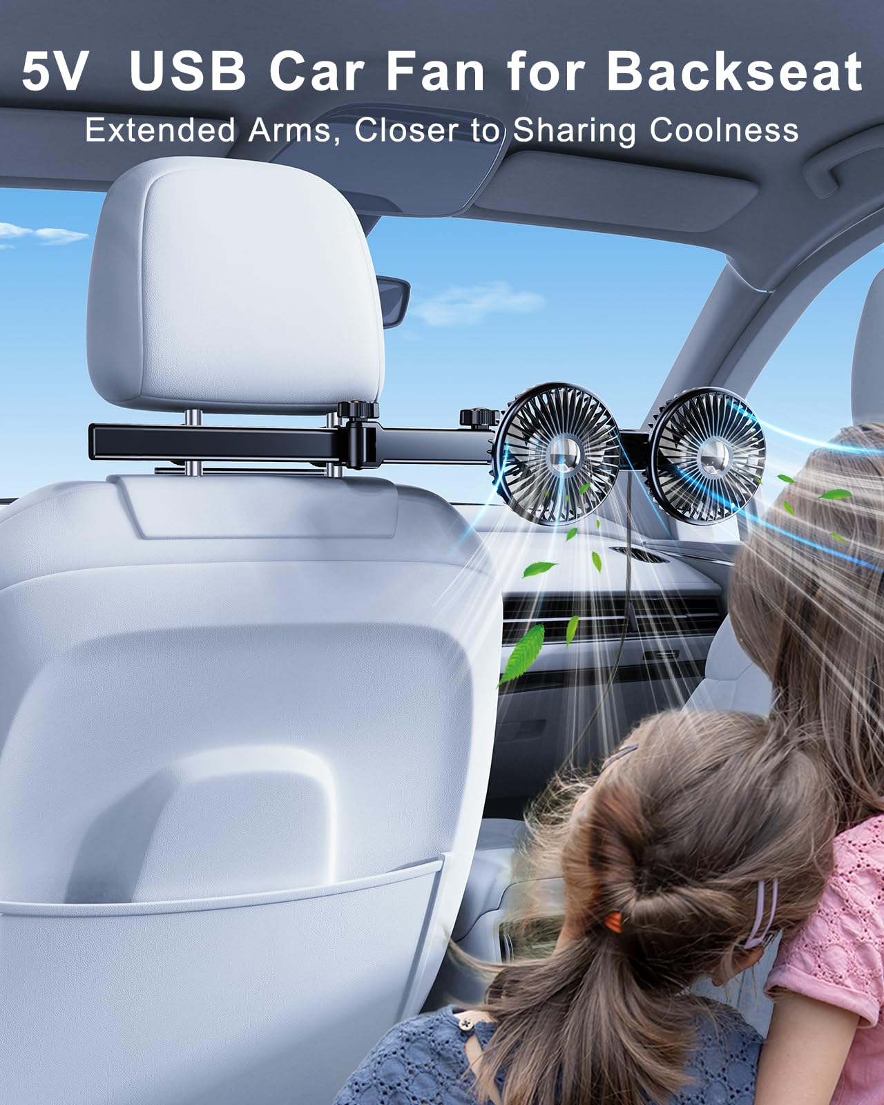 Nauttxon Car Fan For Backseat Kids With Retractable Long Arm, [Comes With Car Charger & Usb C Cable*1] 360Rotatable 3 Speeds Sep