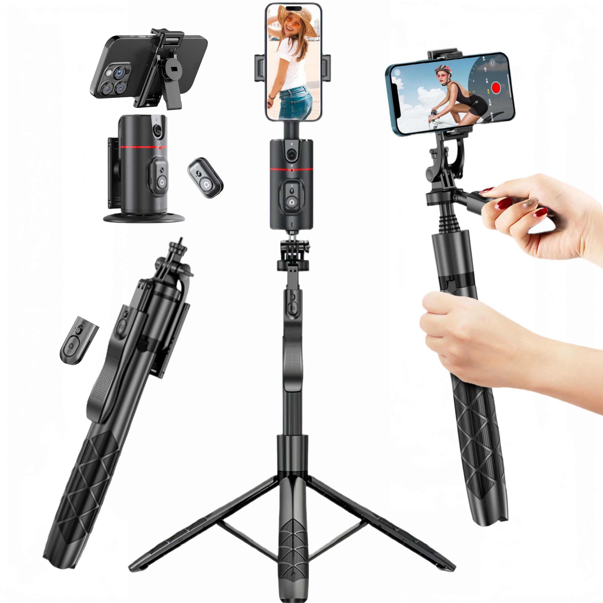 Auto Face Tracking Tripod, 360 Rotation Face Body Tracking Phone Holder, Rechargeable Smartphone Camera Mount Remote & Gesture C