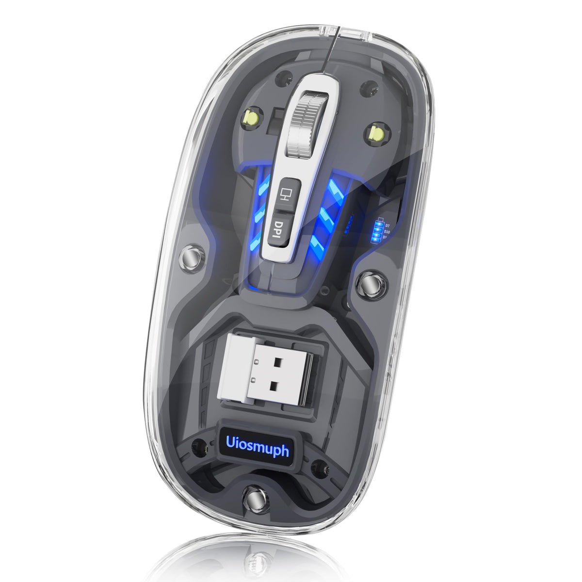 Uiosmuph Bluetooth Wireless Mouse Tri Mode (Dual Bt5.1+2.4Ghz) Usb C Rechargeable Computer Mouse Full Transparent Silent Mouse W