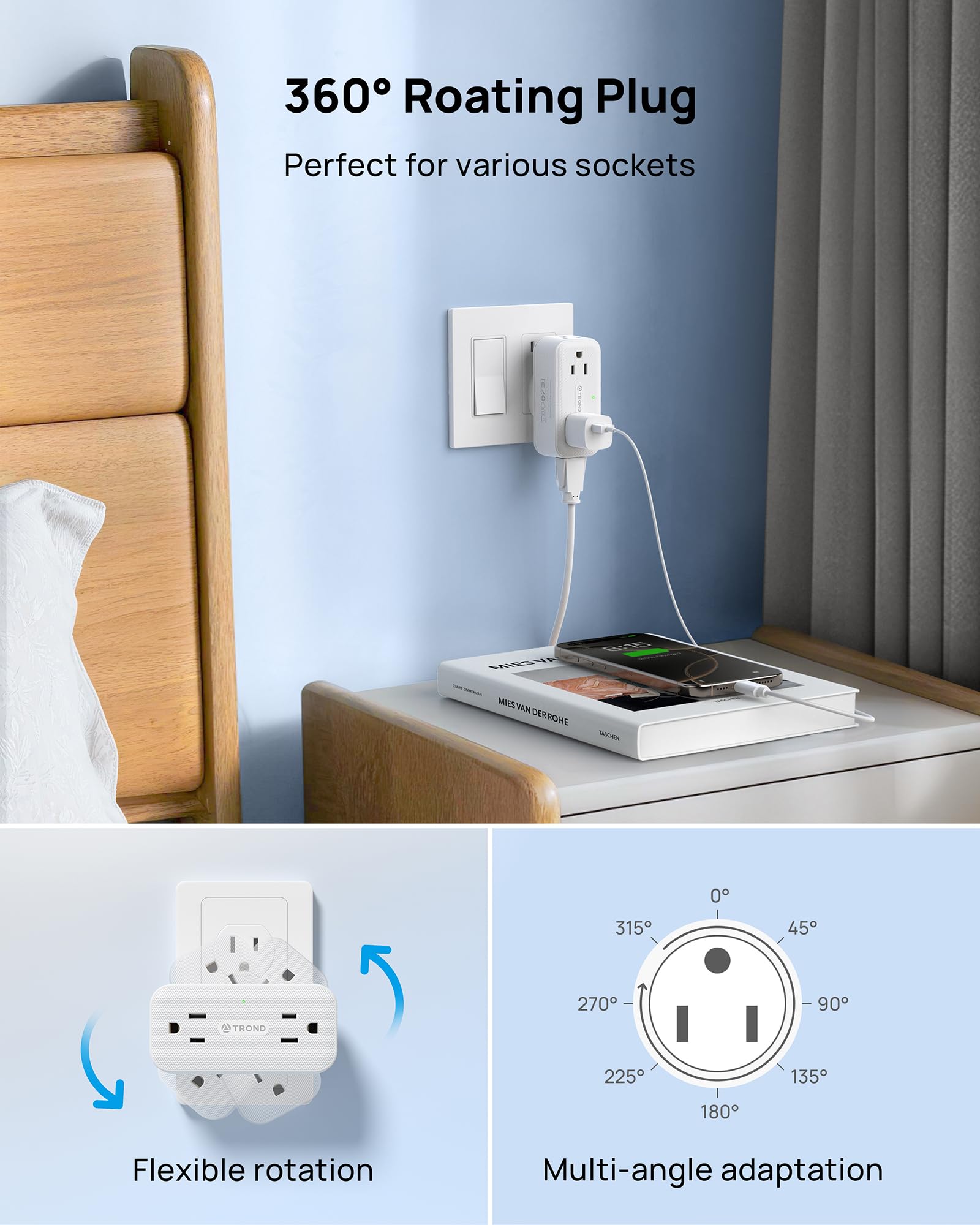 TROND 360 Rotating Outlet Extender 2 Pack, 4 AC Plug Adapter, 900 ...