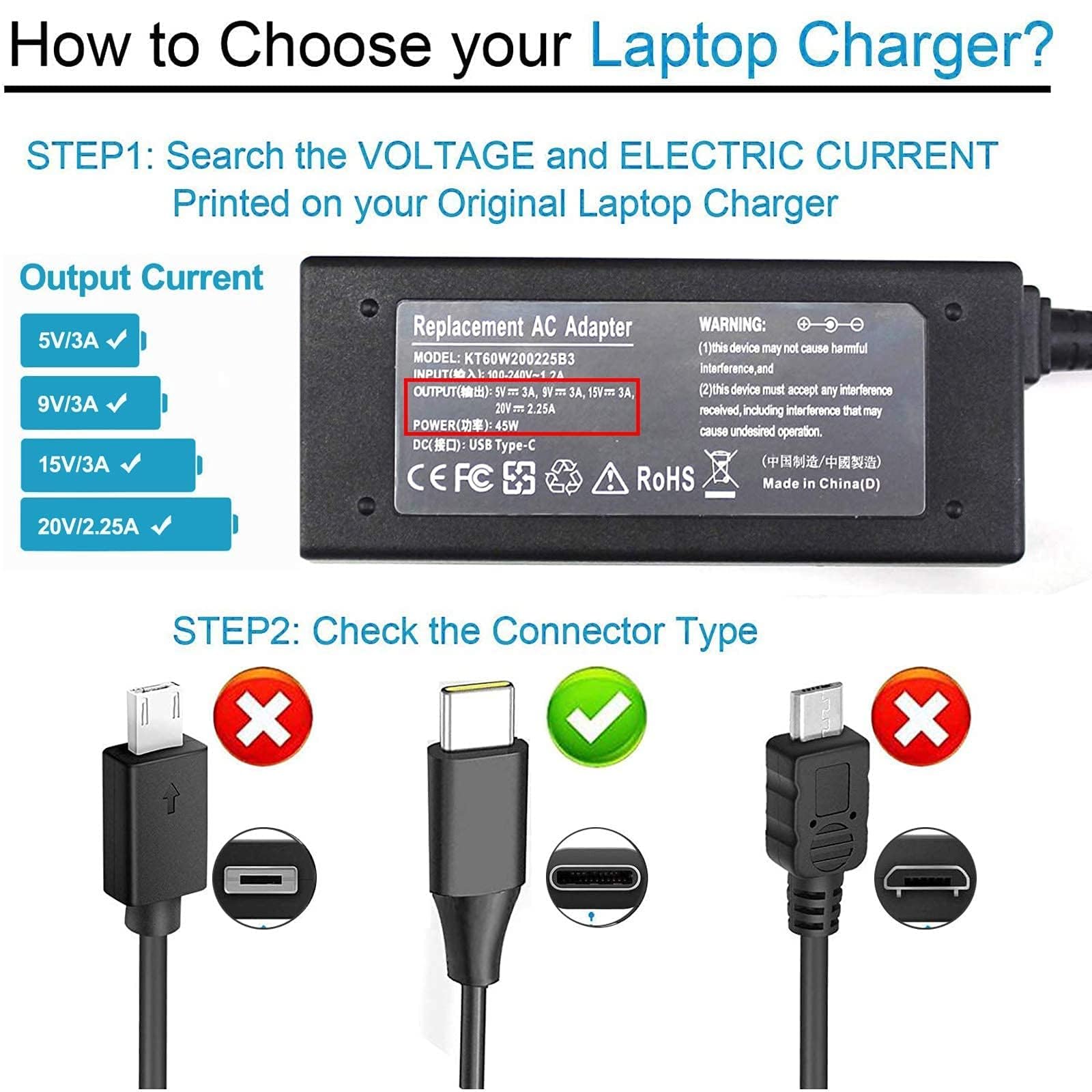 45W Usb C Laptop Charger For Lenovo Yoga C940 C740 S730 720 730 720 13Ikb 730 13Ikb 730S 910 920 920 13Ikb Chromebook C330 S330 T470S T480 T480S T580 T580S E480 E580 X280 P52S 4X20M26268 Power Adapter