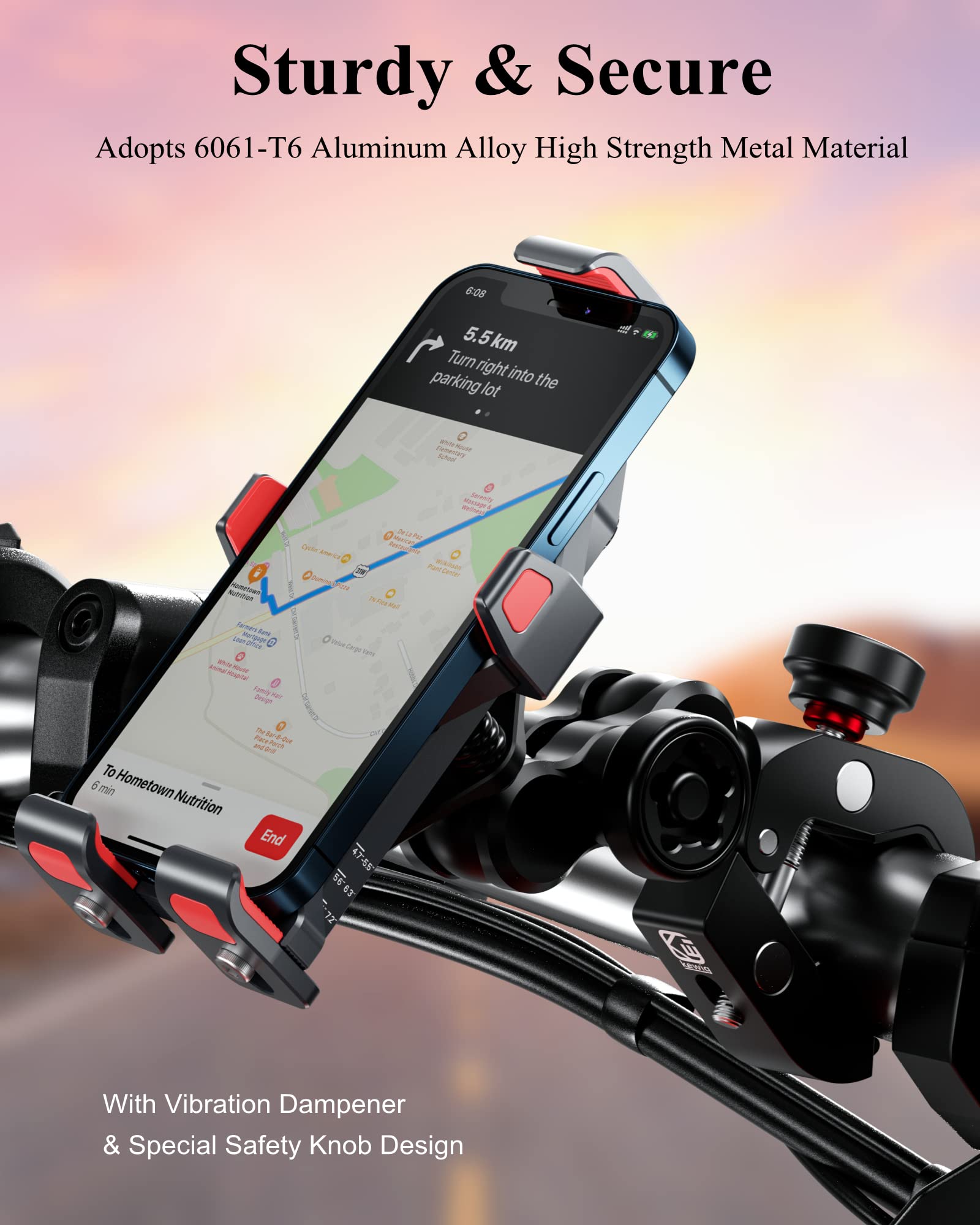 Brcovan Aluminum Alloy Motorcycle Phone Holder With Vibration Dampener & High Speed Secure Lock, Metal Anti Theft Adjustable Mot