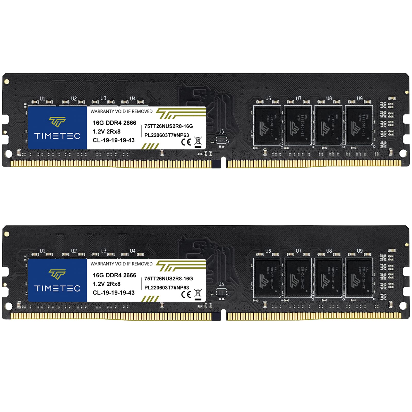 Timetec 32GB KIT(2x16GB) DDR4 2666MHz PC421300 NonECC Unbuffered 1.2V CL19 2Rx8 Dual Rank 288 Pin UDIMM Desktop Memory RAM Mod