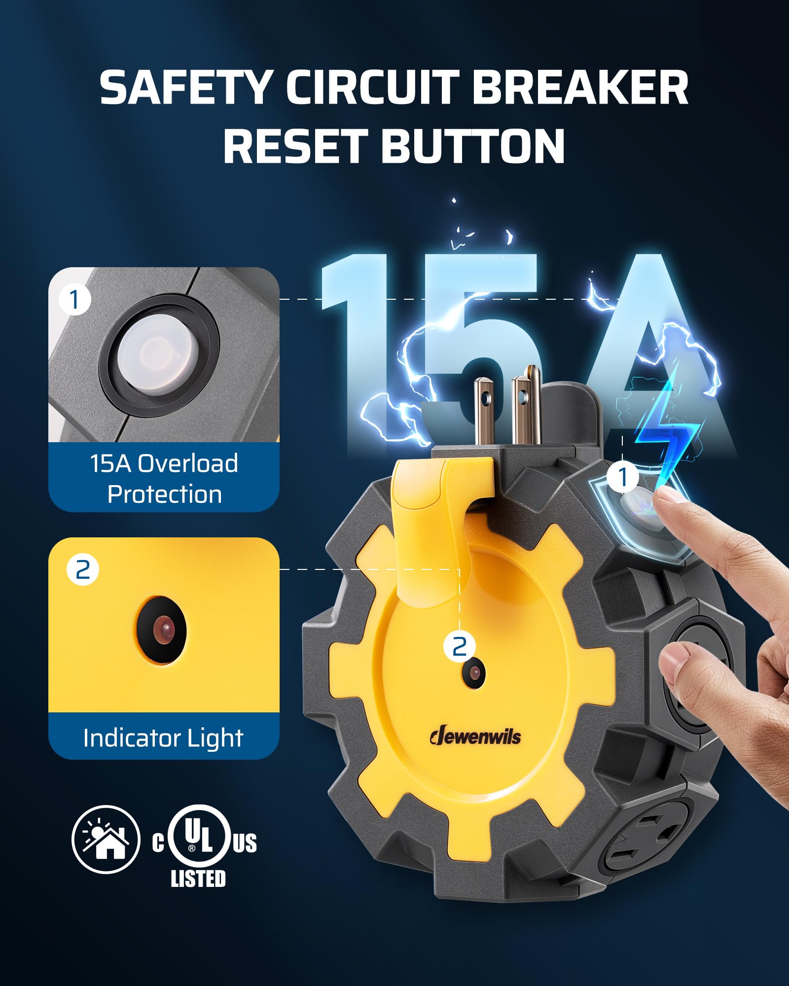 Dewenwils Heavy Duty 6 Outlet Power Hub With Swivel Safety Covers, Outdoor Extension Cord Adapter, Resettable 15A Circuit Breake