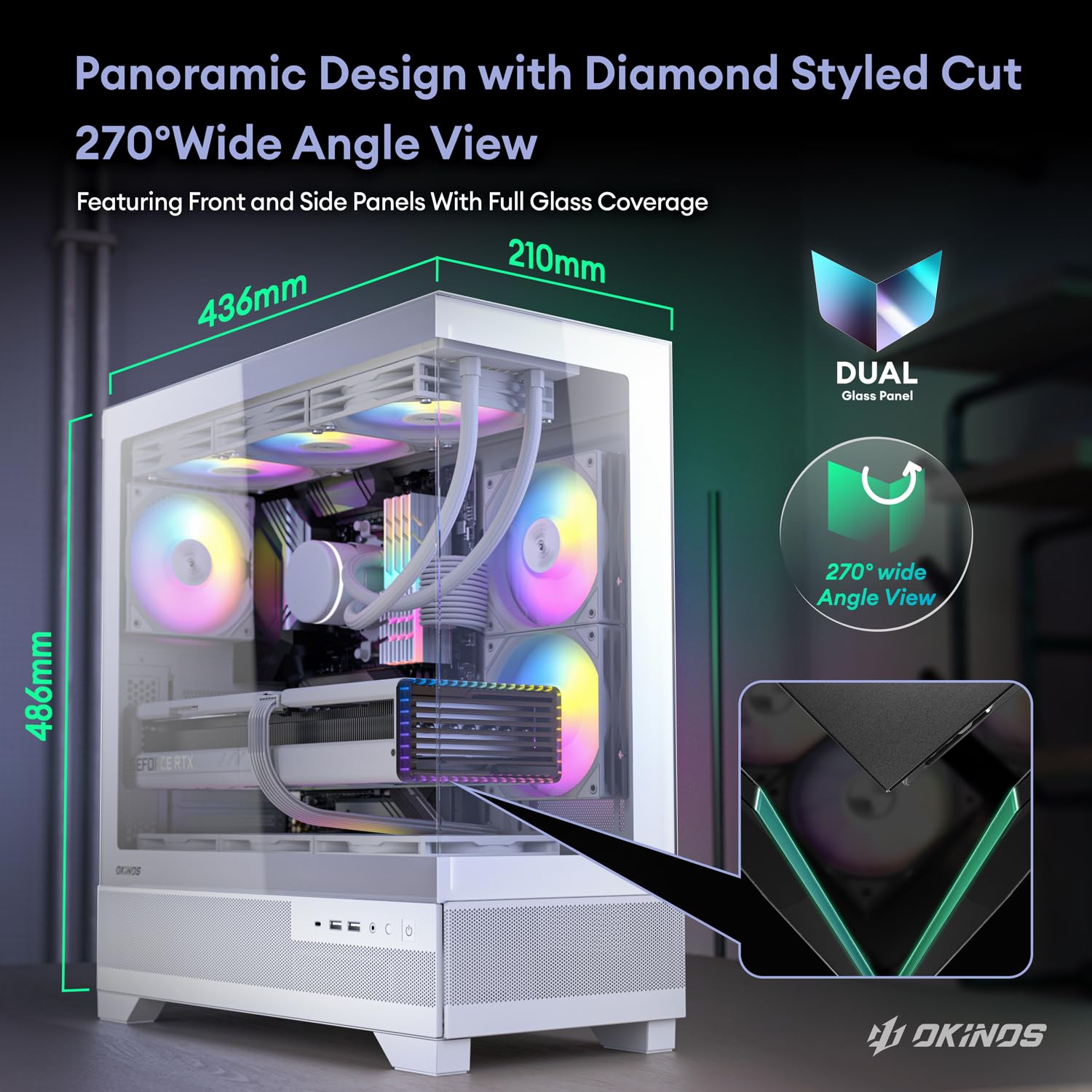 Okinos Aqua 7, Pre Installed 6    120Mm Pwm Argb Fan, Atx Mid Tower Pc Case, Computer Case With Panoramic View Tempered Glass Fr