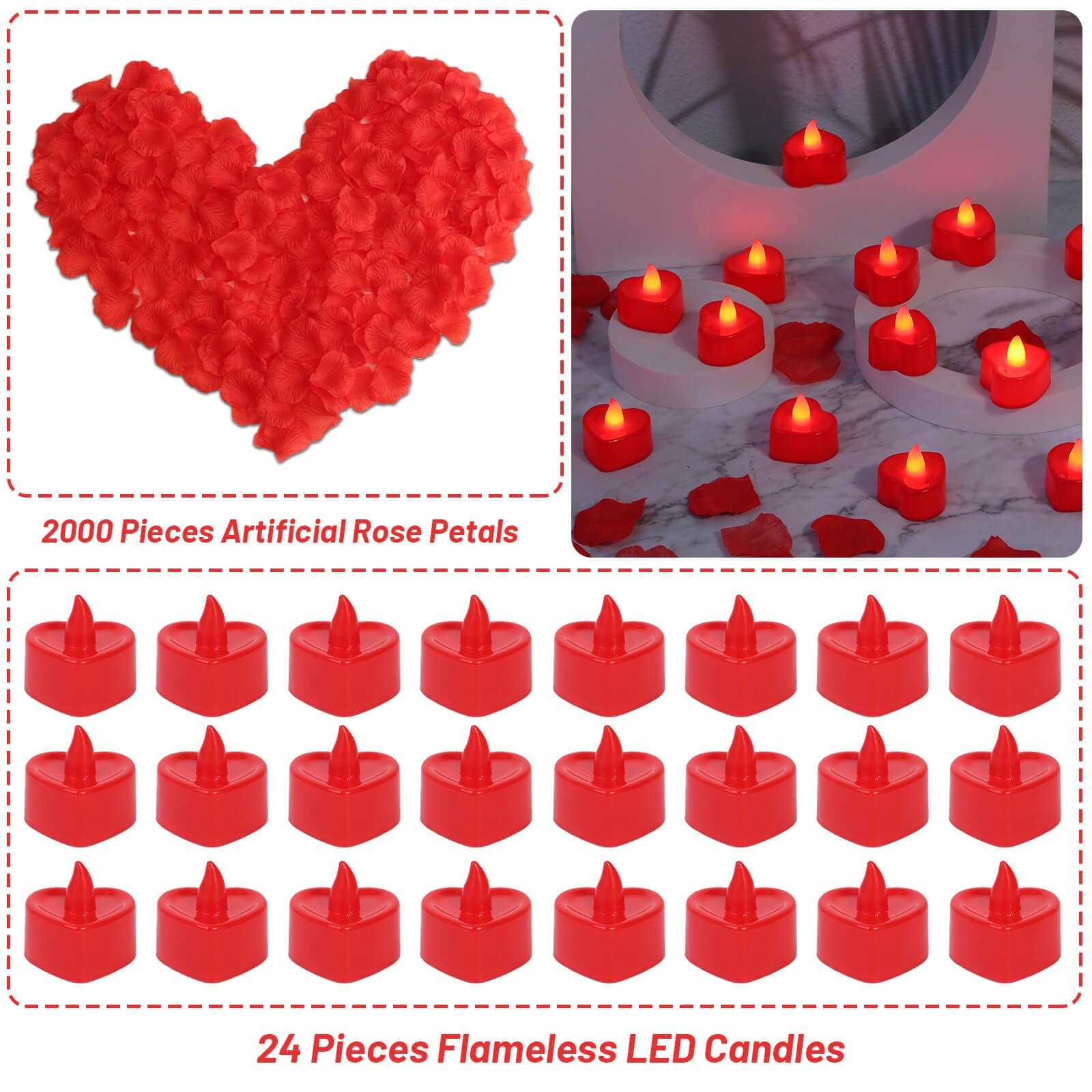 Cridoz Red Rose Petals For Romantic Night For Him Set, 2000 Pieces Artificial Rose Petals With 24 Pieces Red Flameless Led Candl