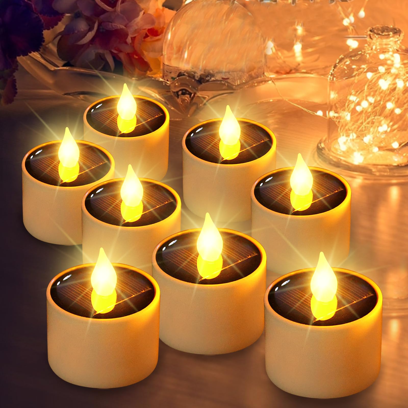 Solar Tea Lights Outdoor Waterproof - 8 Pack Rechargeable Flickering Candle Lights Solar Powered Reusable LED Candles Flameless 