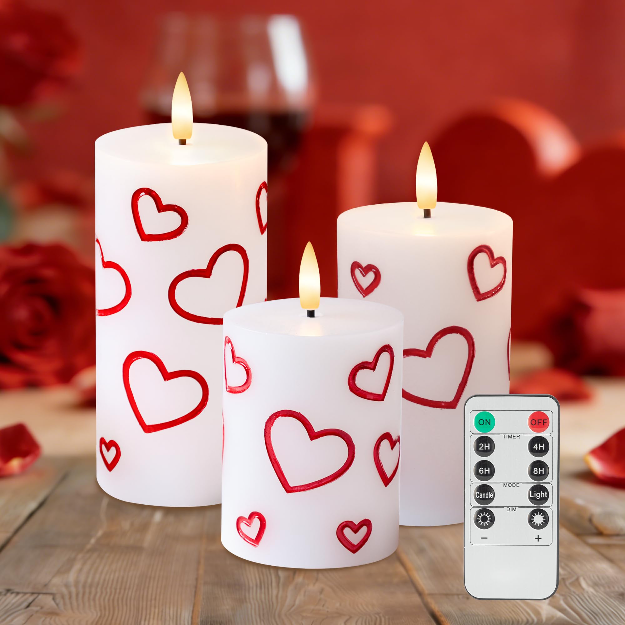 AFINETH Valentines Day Heart Candles, Real Wax Flameless Pillar Candles with Remote, Real Wax Flickering LED Pillar Candles Vale