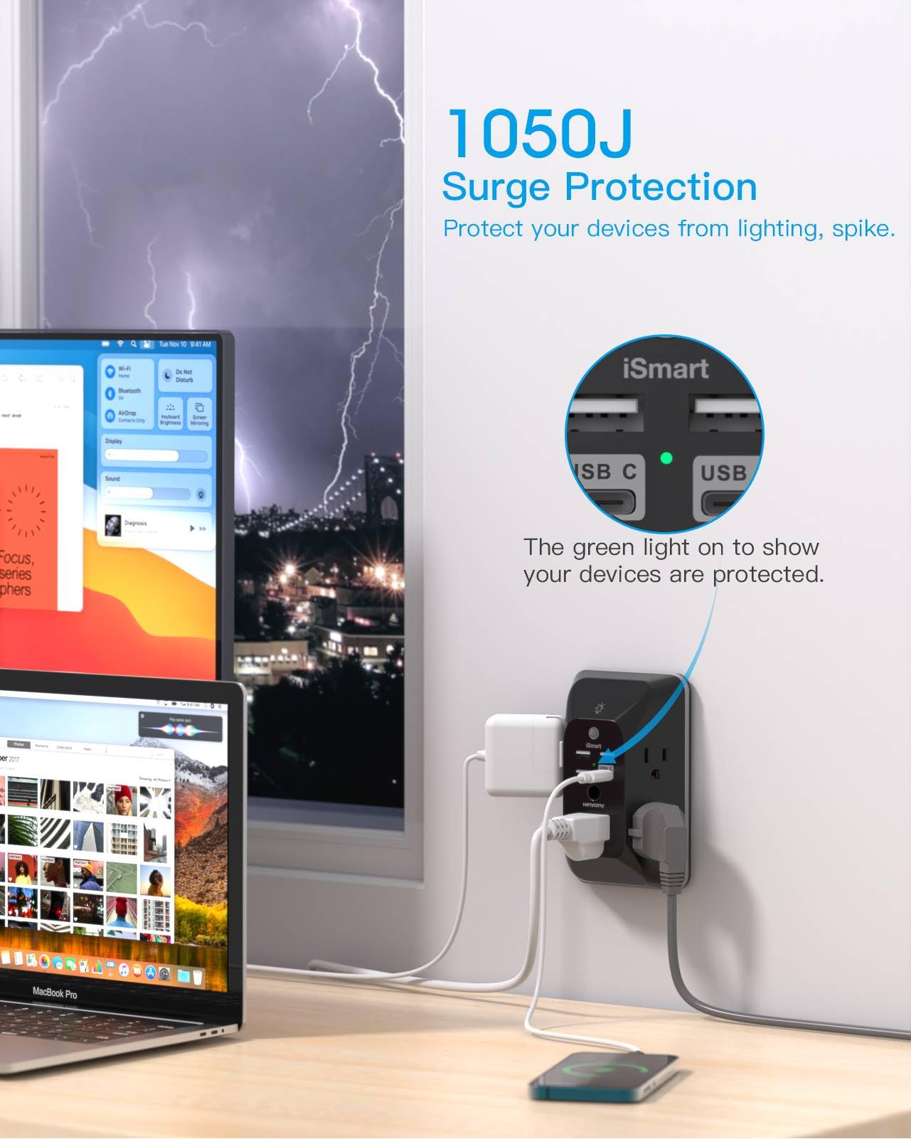 Black Multi Plug Outlet, Outlet Extender With 4 Usb Ports (2 Usb C) And Night Light, 1050J Surge Protector, Wall Mount, Outlet S