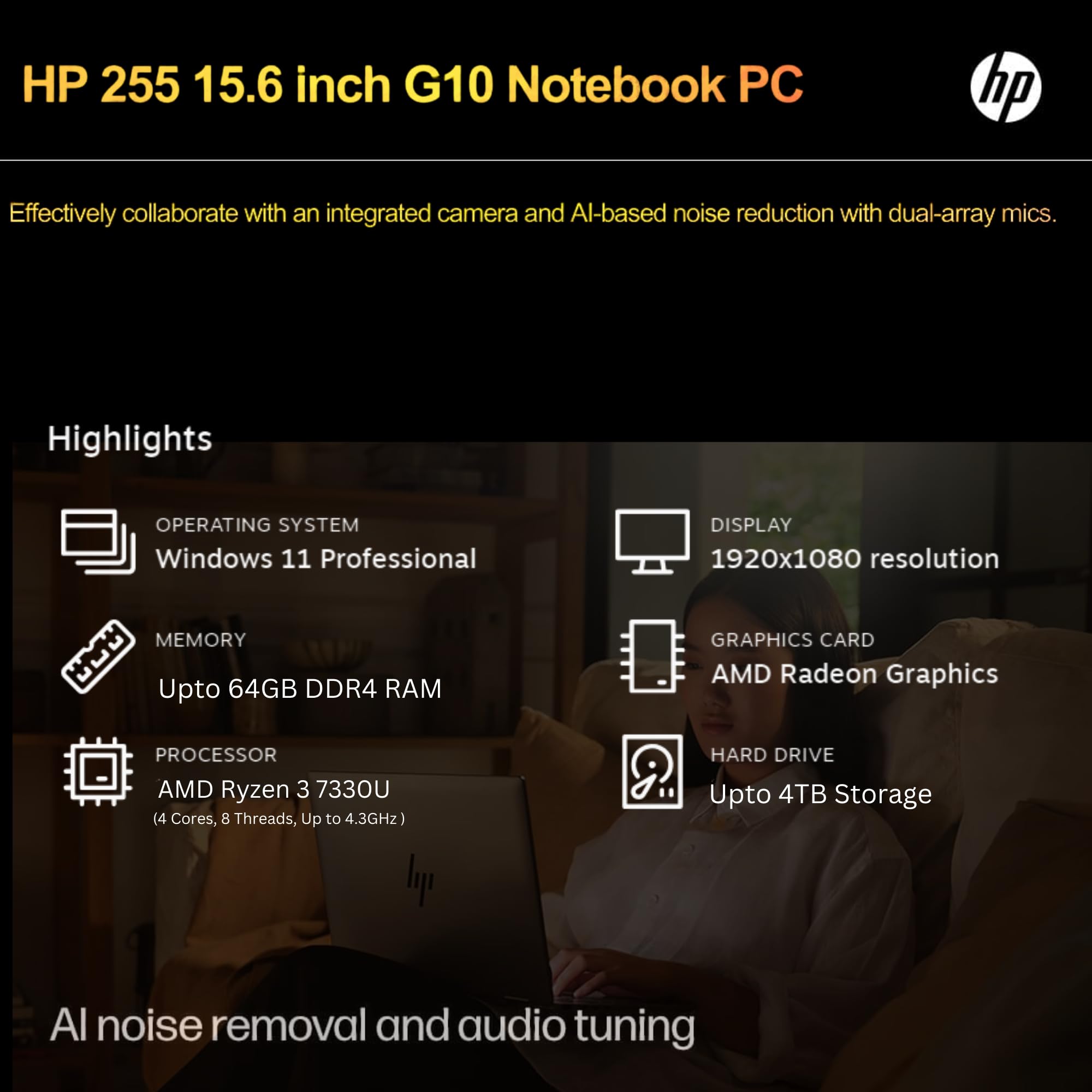 Hp 255 Ideal Laptop Companion | 15.6'' Full Hd | 16Gb Ram | Ai-Powered Amd Ryzen 3 | Hdmi | Type-C | 1Tb Ssd | Extended Battery