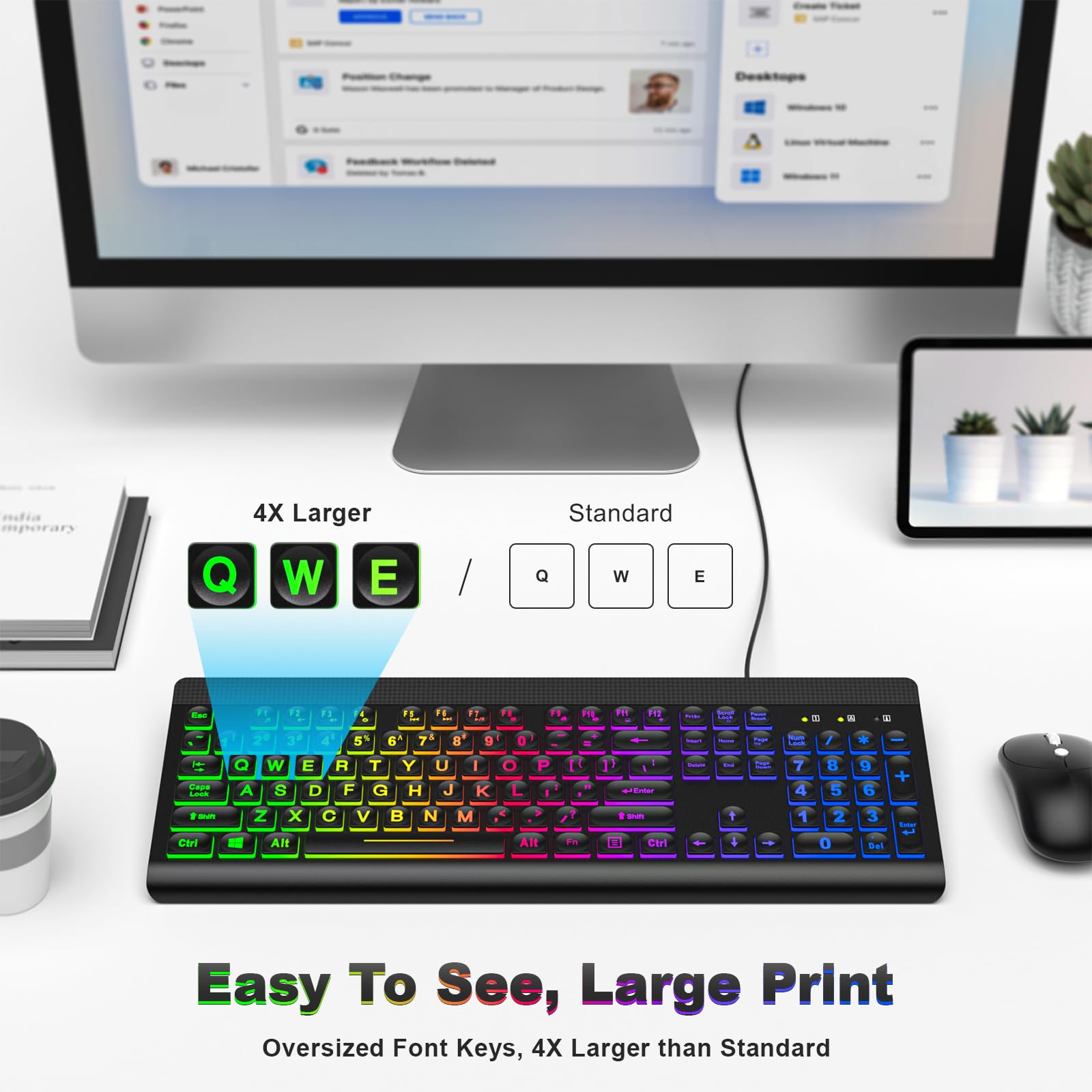 Atelus Large Print Backlit Keyboard, Usb Wired Computer Keyboard, Full Size Keyboard With Rainbow Illuminated Led Compatible For