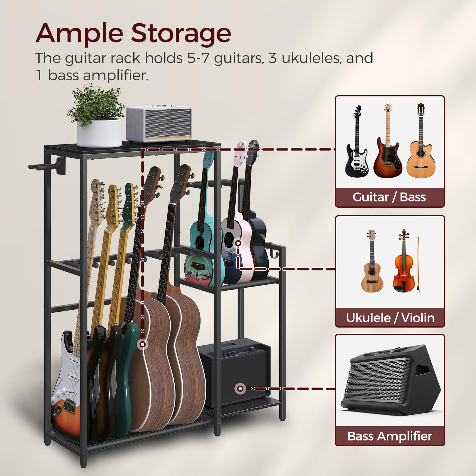 Mahancris Guitar Stand, Multi-Guitar Rack, For Acoustic, Electric Guitar, Bass, Ukulele, Banjo, For 7 Guitars, Guitar Amp Stand,