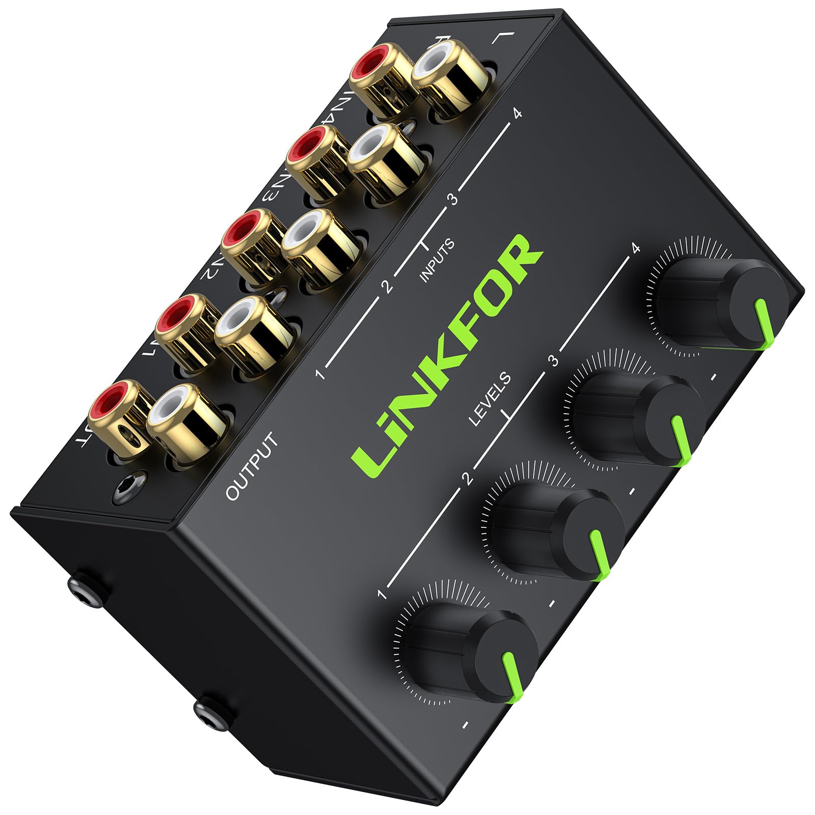 LiNKFOR 4 Channel Stereo Audio Mixer CX400 Metal Shell Support RCA Input and Output Mini Passive Stereo Mixer with Separate Volu