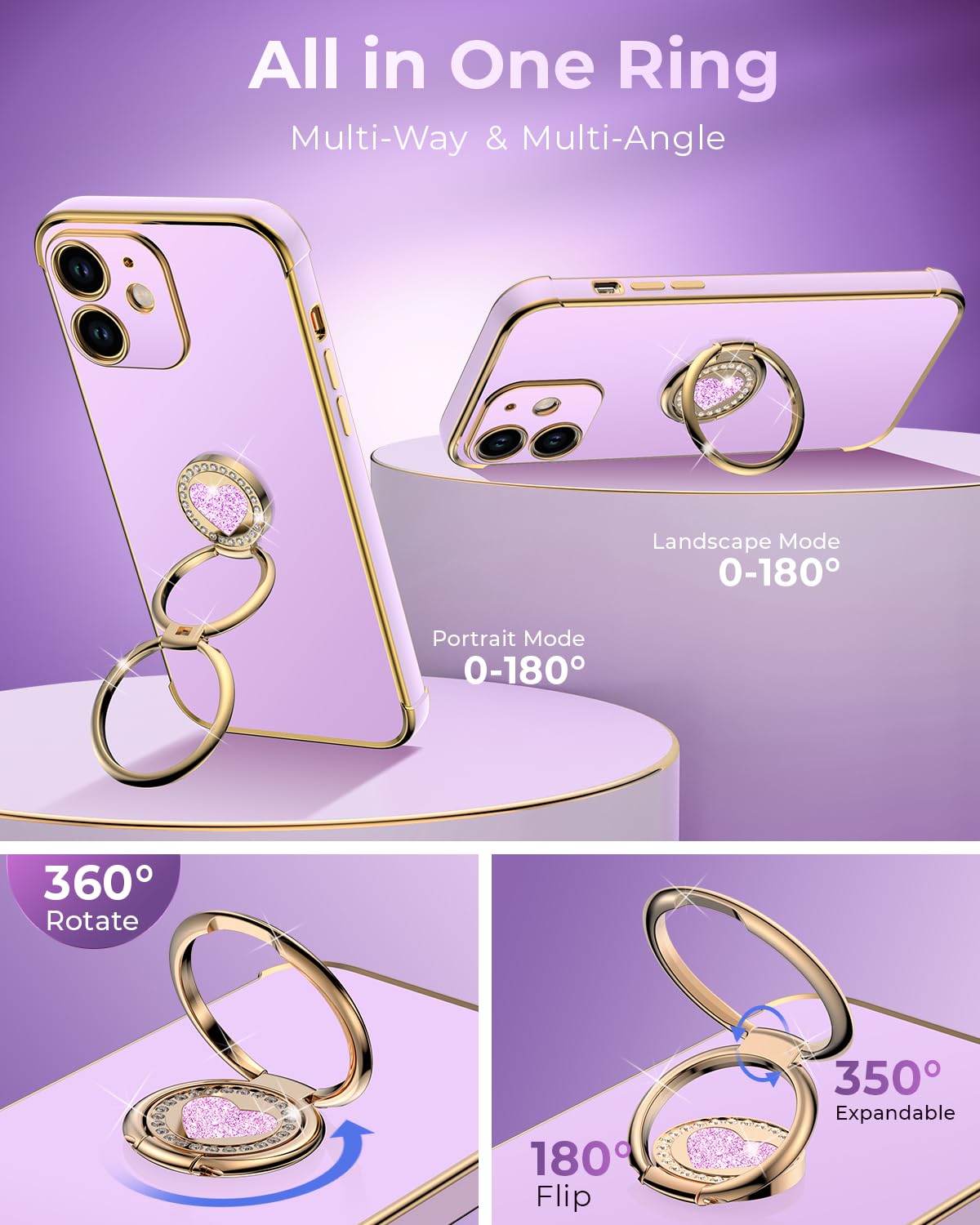 Xyz For Iphone 12 Case With Stand, Phone Case With Double Ring Kickstand, Women Girls Bling Luxury Protective Case Heart For Iph