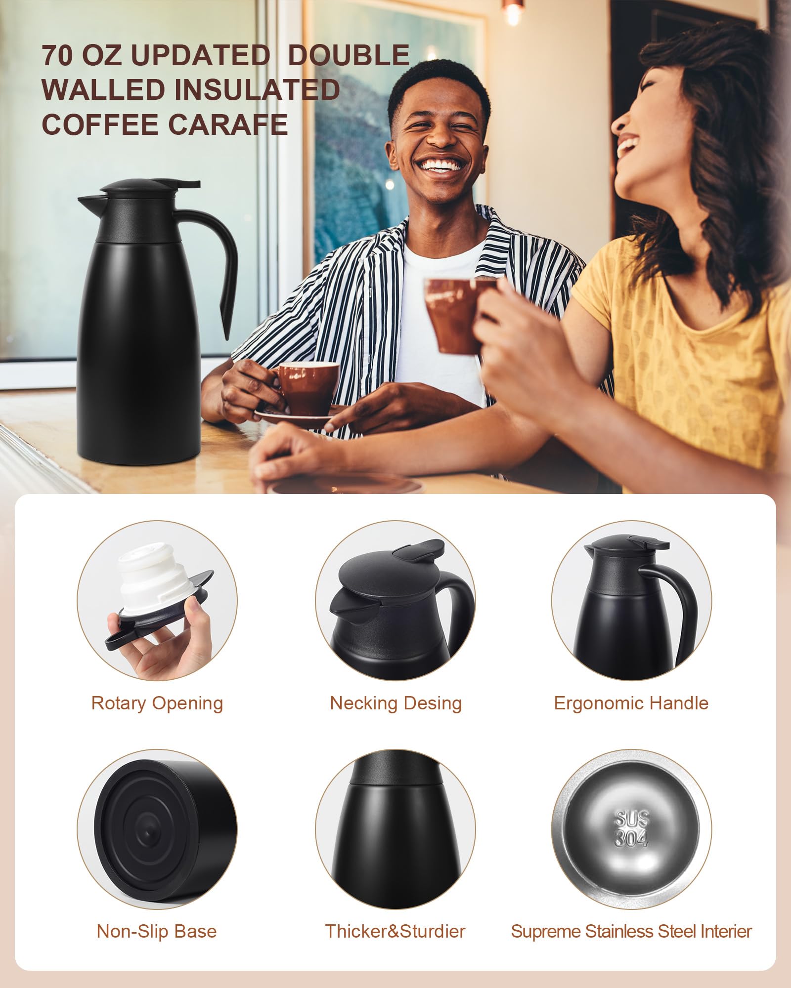70Oz Thermal Coffee Carafe For Keeping Hot, 2 Pcs Updated Carafe For Hot Liquid, Insulated Coffee Carafe Stainless Steel Thermal