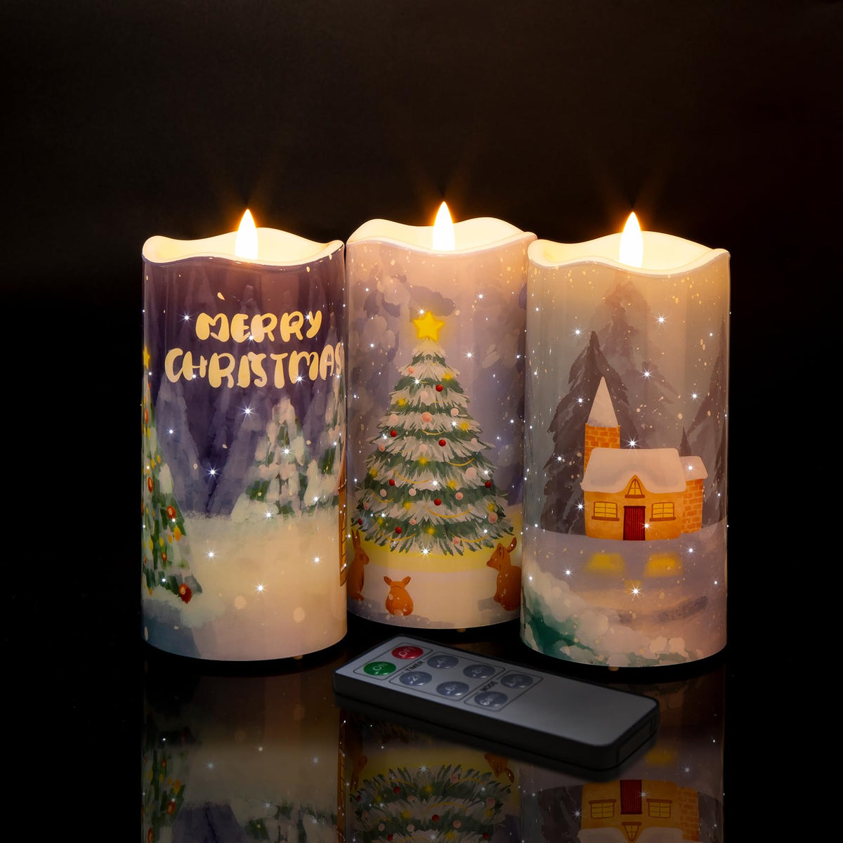 Eywamage Fiber Optic Christmas Flameless Pillar Candles With Remote, Flickering Xmas Battery Operated Led Candles Set Of 3