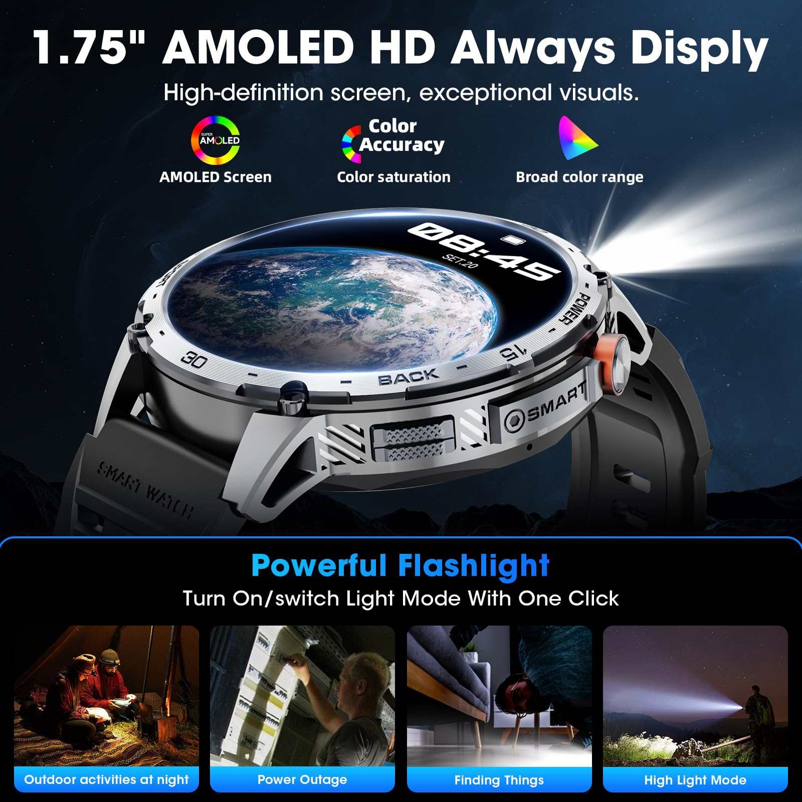 Military Smart Watch For Men 1.75'' Hd Amoled Display 730Mah Battery Smart Watches With Led Flashlight For Android Ios(Bluetooth
