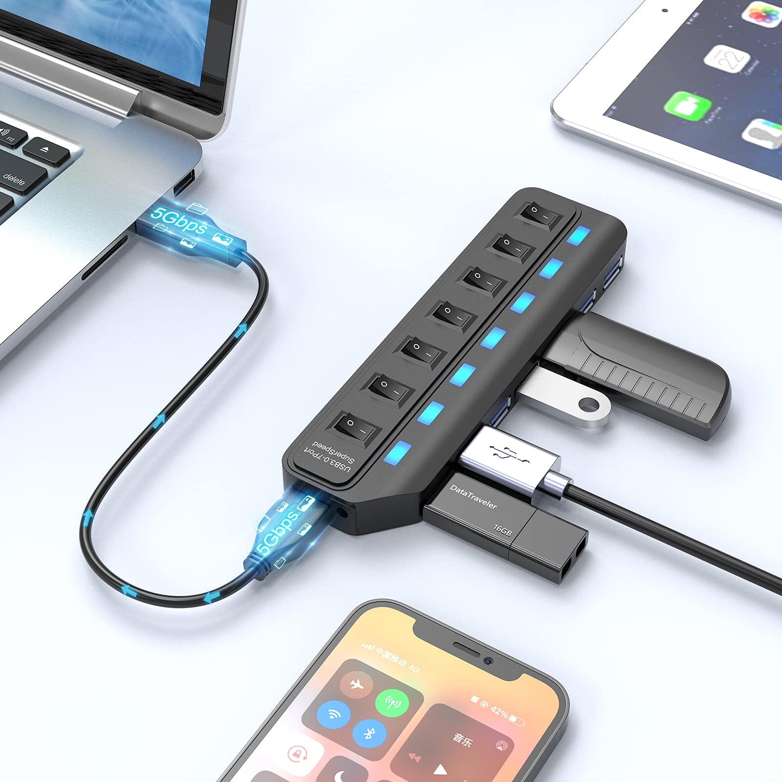 Onfinio Usb Hub 3.0, 7 Port Usb Hub Splitter With Individual On/Off Led Switches, 5Gbps Highspeed Data Usb Extension For Laptop, Imac, Usb Flash Drives, Mobile Hdd, Printer, Camera And More