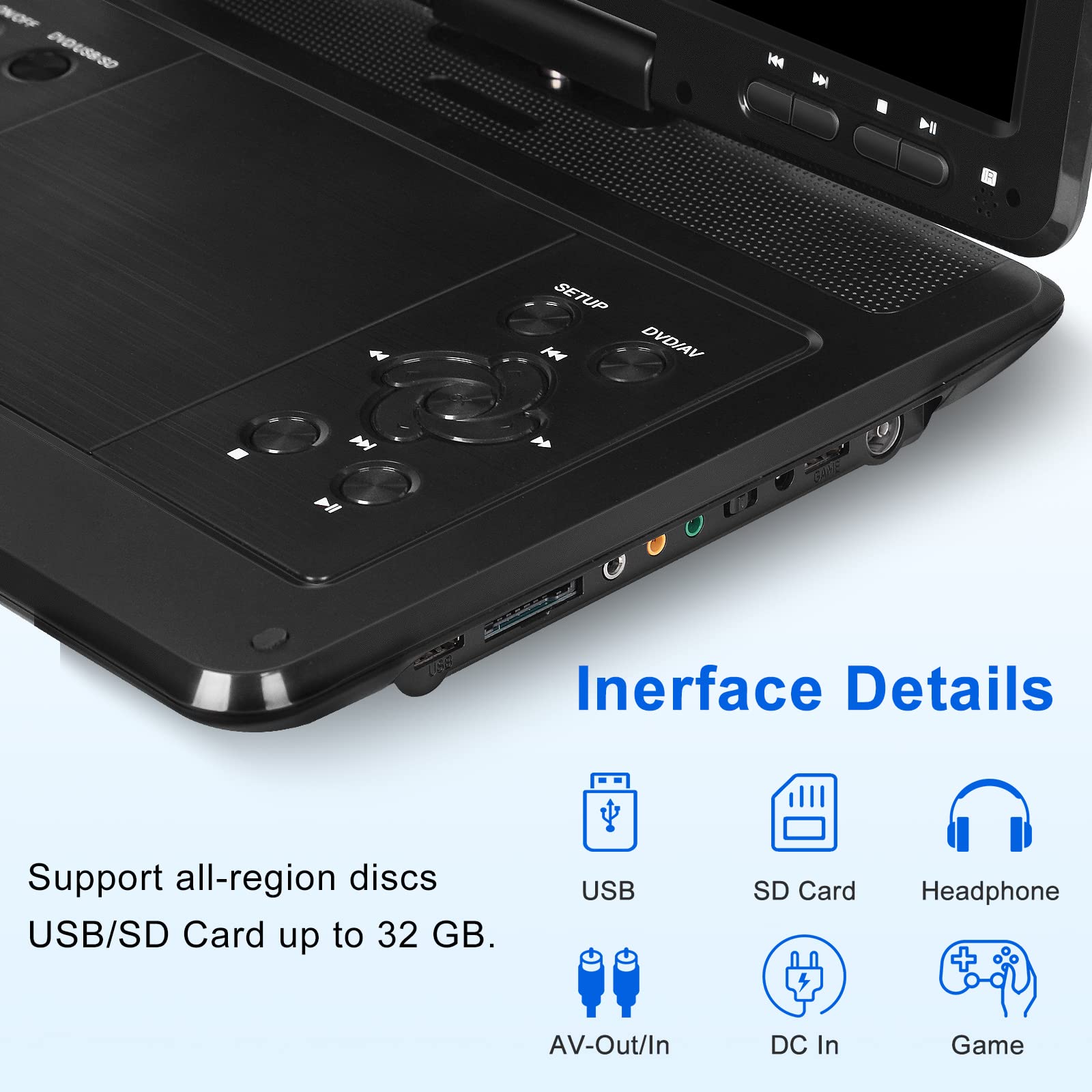 Yoohoo 16.9'' Portable Dvd Player With 14.1'' Large Hd Swivel Buttons Screen, 6 Hrs Battery Dvd Player Portable, Power Adapter,