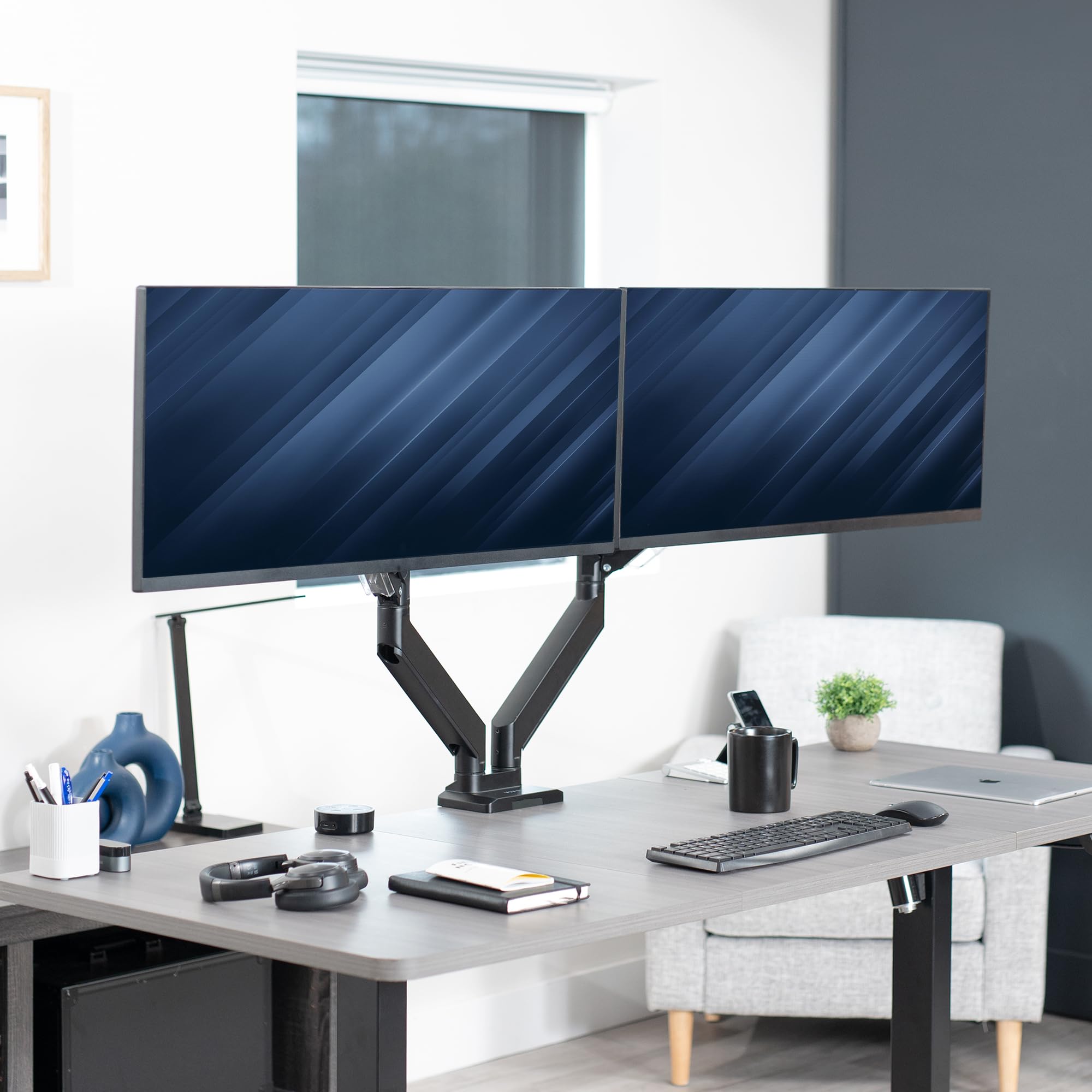 VIVO Premium Aluminum Heavy Duty Arms, Fits 2 Ultrawide Monitors up to 38 inches, Widescreen Dual Monitor Desk Mount with Instant Pneumatic Spring Height Adjustment VESA Stand, STAND V102G2