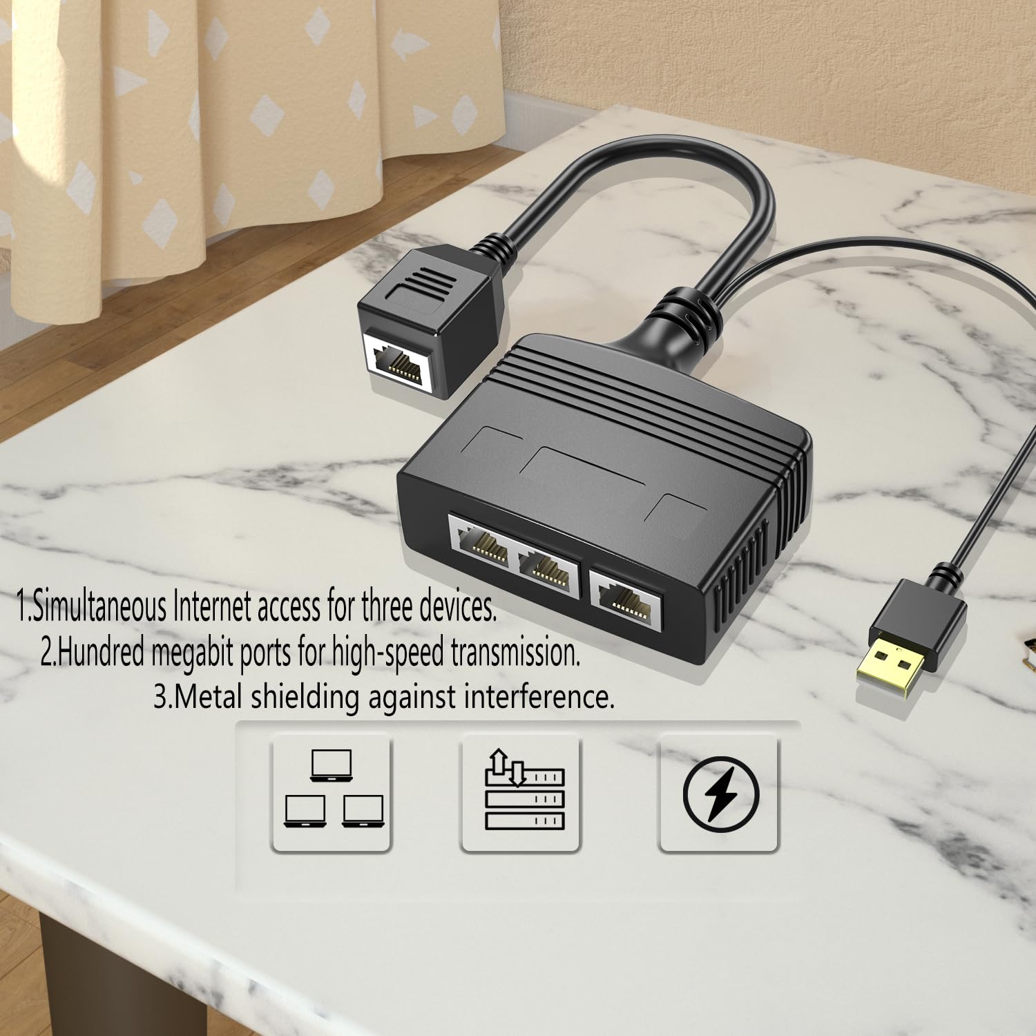 Riieyoca1 To 3 Port Rj45 Ethernet Splitter Adapter,8 Core 100Mbps High Speed Lan Network Splitter For Cat5, Cat5E, Cat6, Cat7,Ca