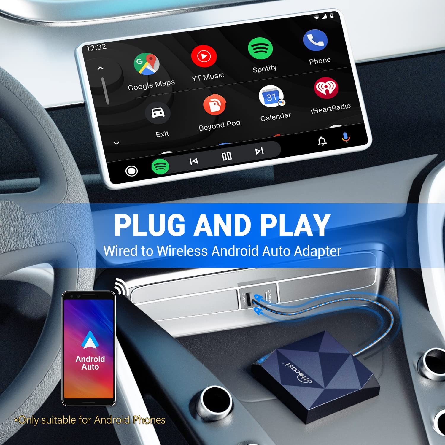 A2Air Wireless Android Auto Adapter   13S Auto Connect Fast Speed,2024 Upgrad Android Auto Wireless Adapter For Cars With Factor