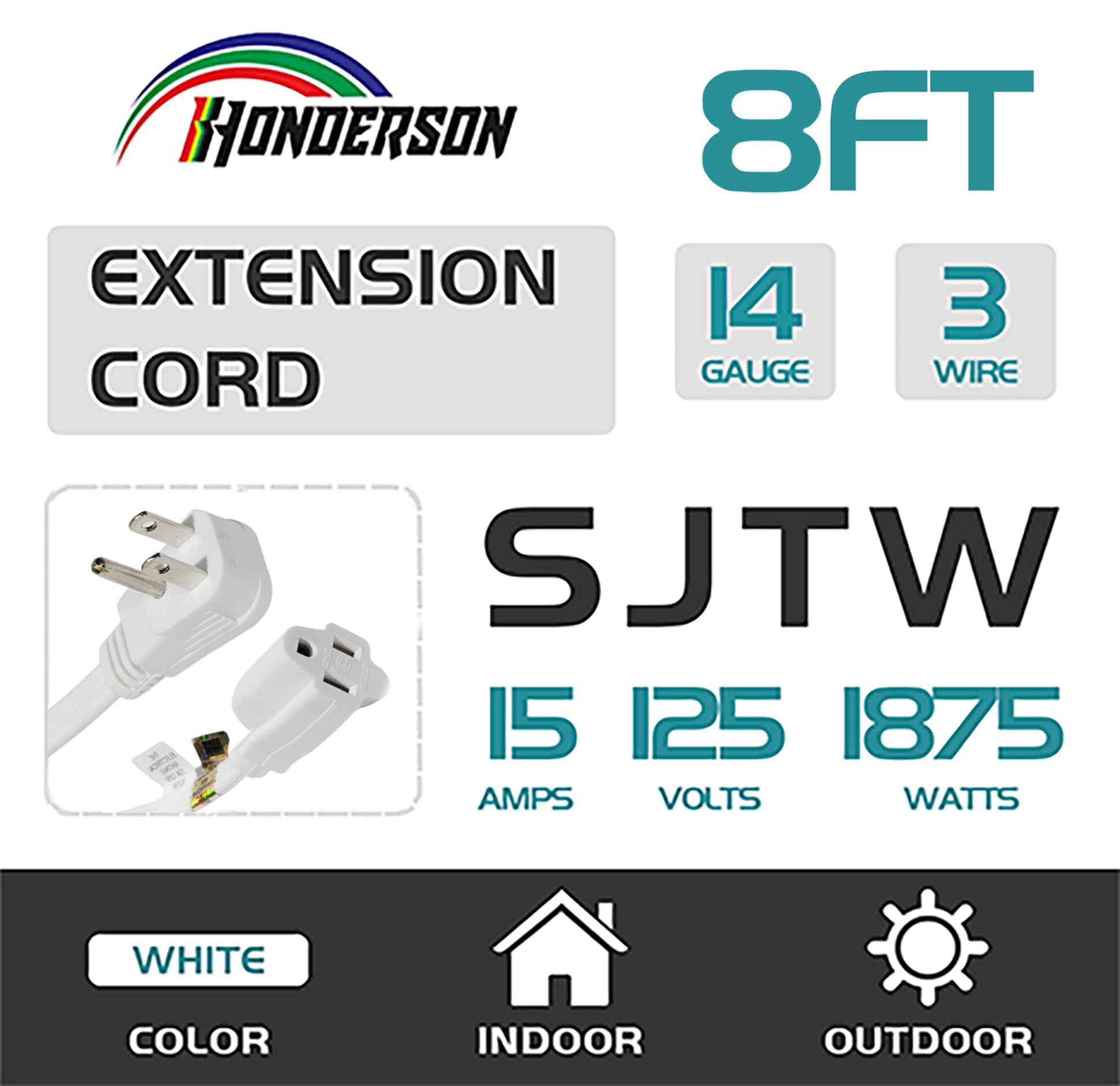 Honderson Flat Plug Extension Cord, Ul Listed, Indoor Extension Cord 14 Gauge 8Ft White, 14/3 Spt 3 15A 3 Prong Grounded Power C
