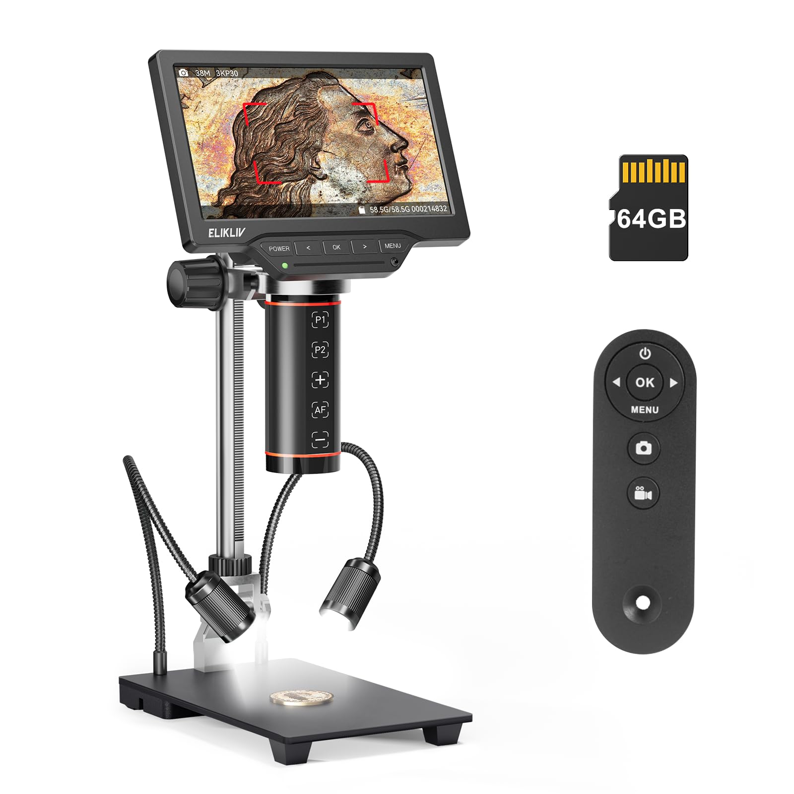 Elikliv Autofocus Digital Coin Microscope: HDMI Soldering Microscope for Adults EM3K-AF, 3K Coin Magnifier for Full View, 7 IPS 