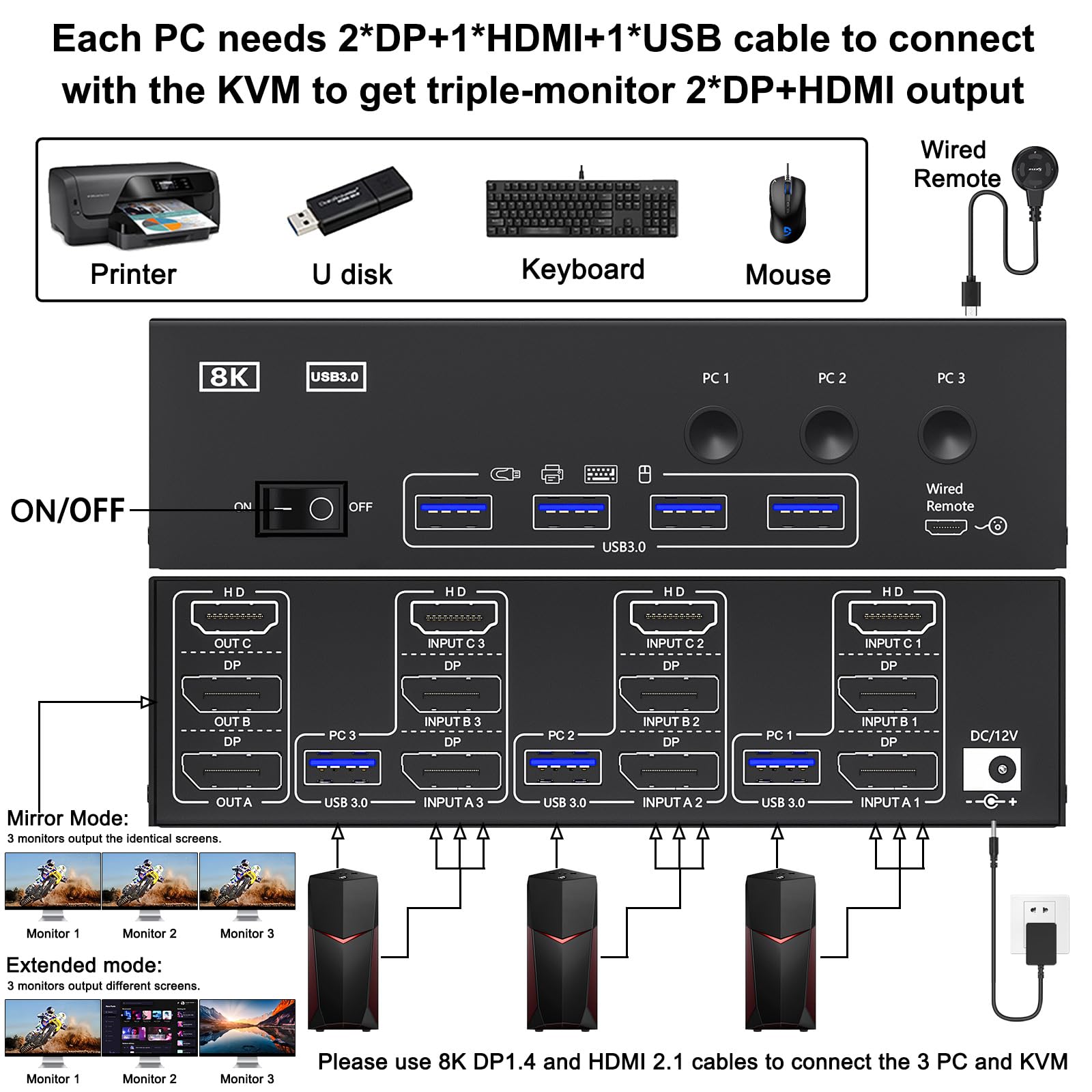 Kvm Switch 3 Monitors 3 Computers 8K@60Hz 4K@144Hz, Camgeet Hdmi+2 Displayport Kvm Switch Triple Monitor For 3 Computer Share 3