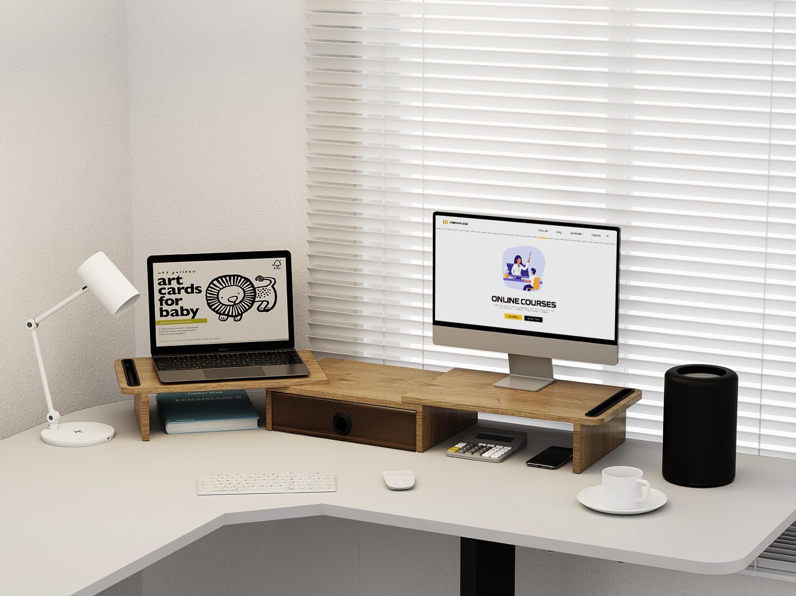 Ergofocus Dual Monitor Stand Riser With Drawer Adjustable Length And Angle, Monitor Stand Riser For 2 Monitors, Desktop Organize