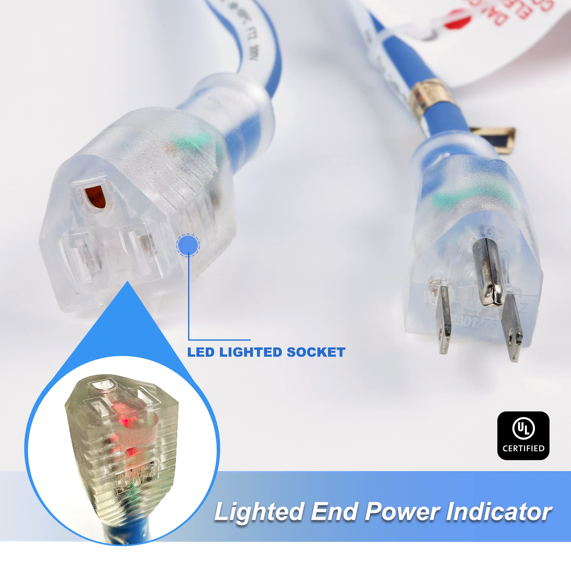 Aweltec Outdoor 14/3 Extension Cord 14Awg 50Ft 15Amp 1875Watts, Tpe Rubber Sjeow ( 58F To +221F) Lighted Power Cord, Blue + Whit