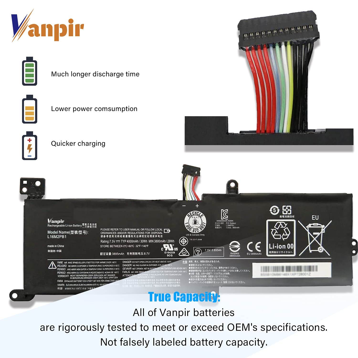 Vanpir L16M2Pb1 Laptop Battery 7.5V Replacement For Lenovo Ideapad 3 15 Inch 3 15Ada05 (Model Number 81W10094Us) Series L16C2Pb2
