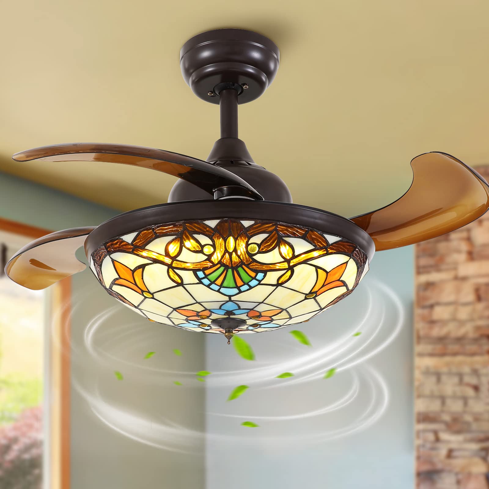 Siljoy 42 Tiffany Ceiling Fan Stained Glass Ceiling Fan Retractable Chandelier Ceiling Fans with Light Remote Control Dimmable w