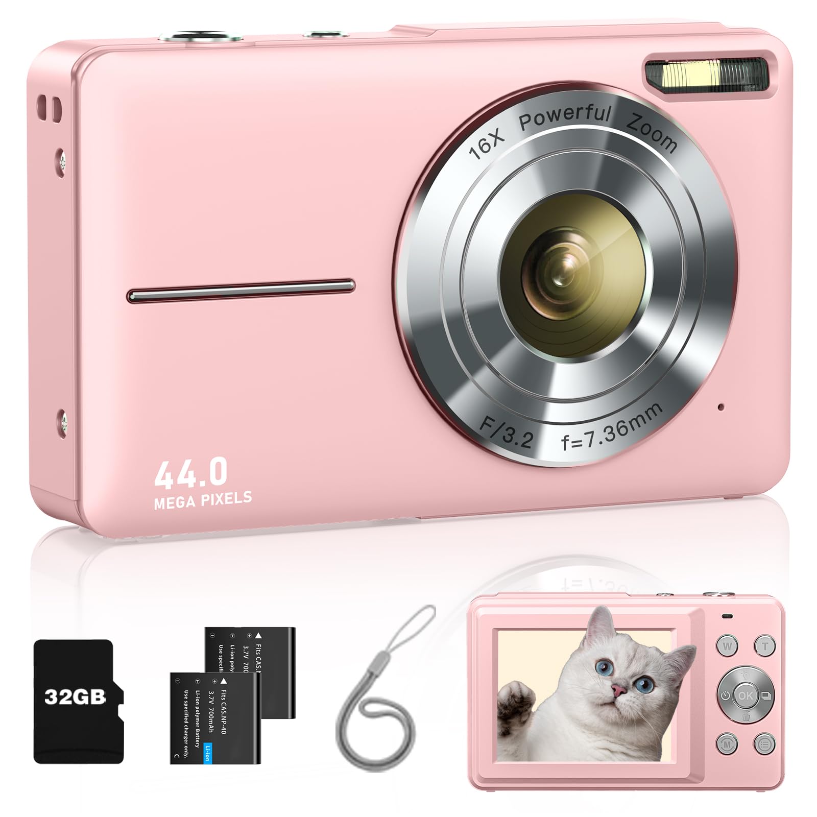 Lecran Digital Camera, Fhd 1080P Kids Camera With 32Gb Card, 2 Batteries, Lanyard, 16X Zoom Anti Shake, 44Mp Compact Portable Sm