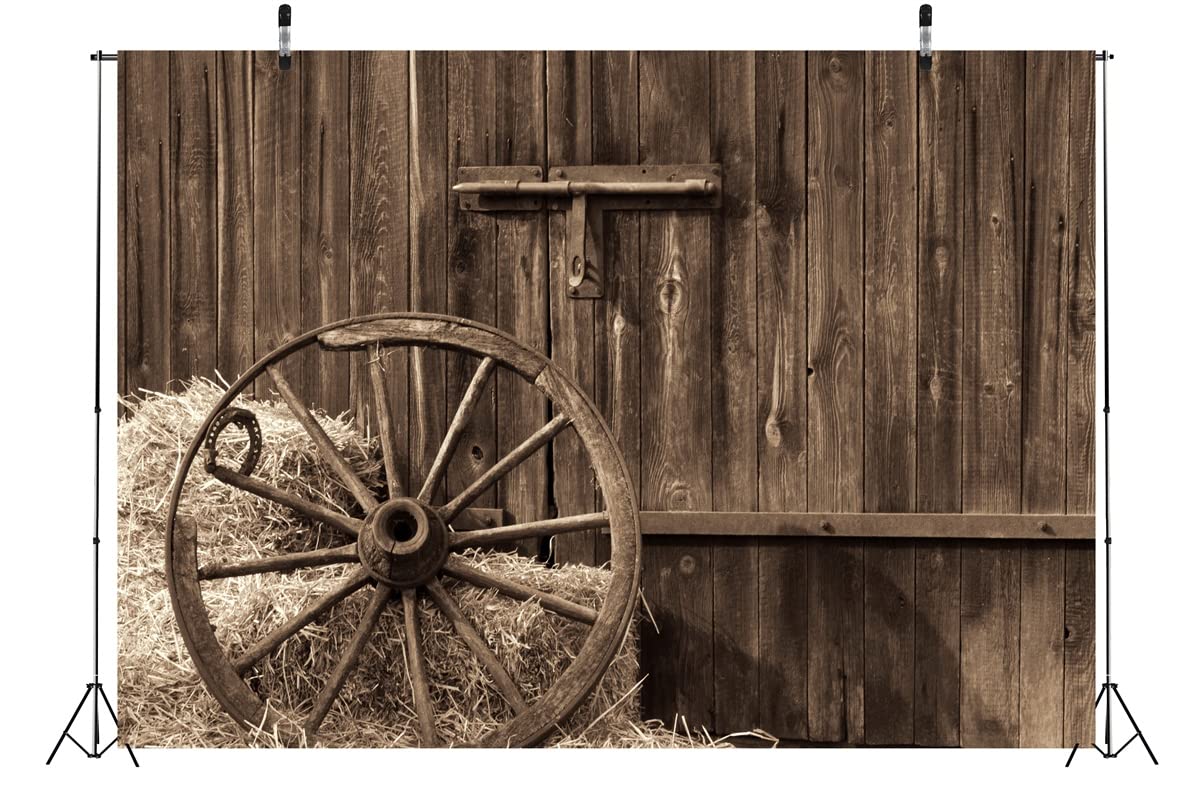 Beleco 7X5Ft Fabric Cowboys Photo Backdrop Barn Door Old Barn With Antique Wheel Hay Bales Haystack Country Theme Photography Ba