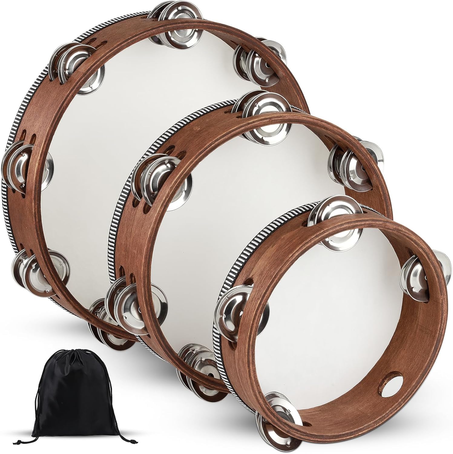 Wooden Hand Held Percussion Tambourine with Storage Bag  6+8+10 Inches, Ideal for Church, Wedding, Party, Dance, Photo Shoot
