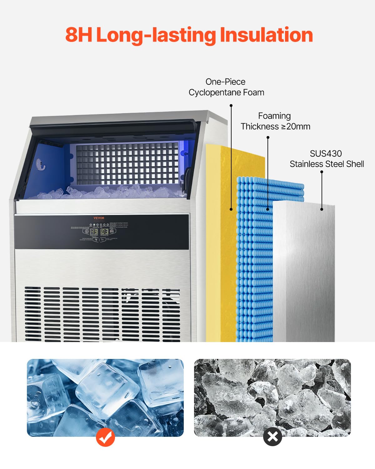 Vevor 440Lbs/24H Commercial Ice Maker, 160 Ice Cubes In 15 Minutes, Freestanding Ice Maker Machine With 88Lbs Large Storage Capa