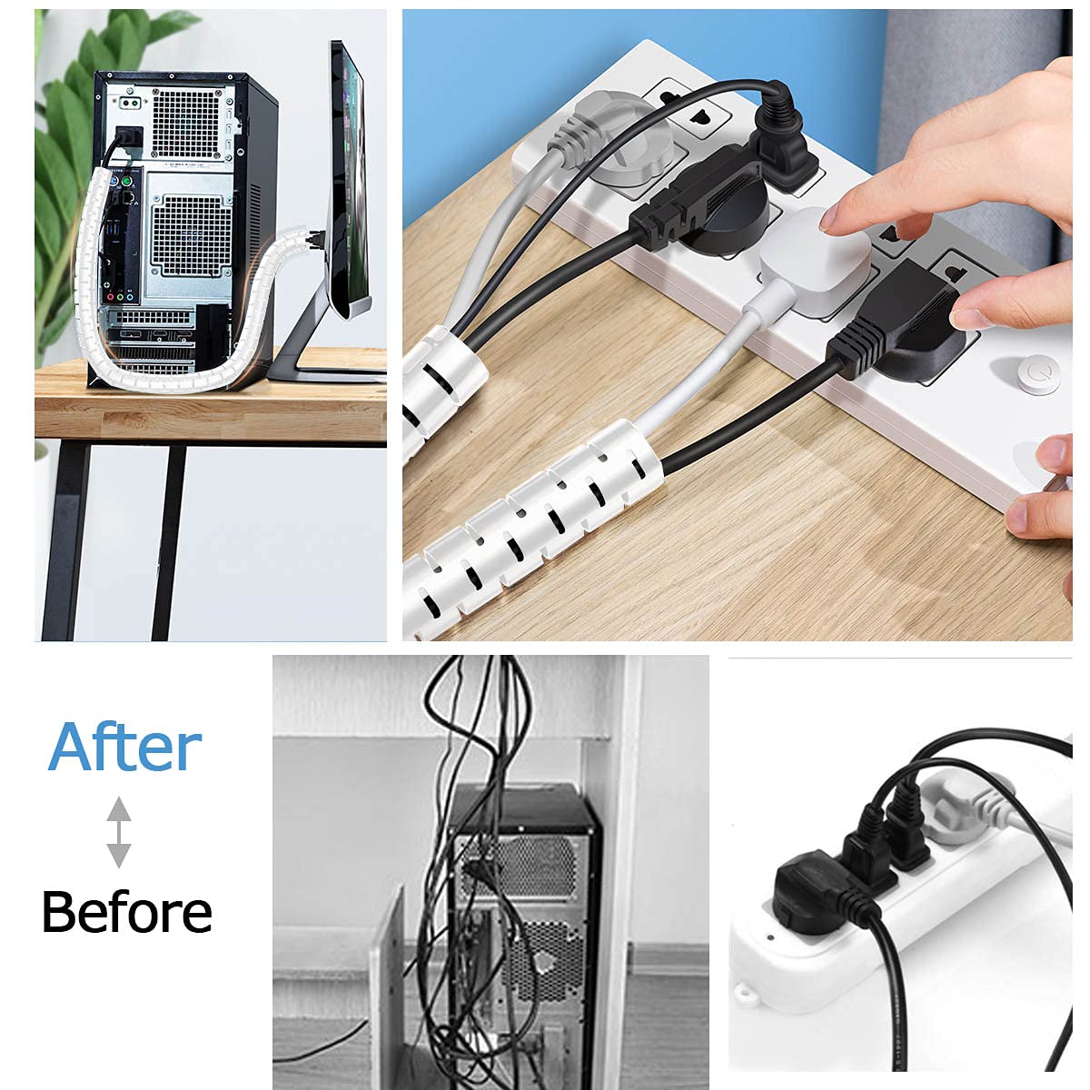 Fanoshon Large Cable Management Sleeve Organizer Coiled Wire Bundler Pet Proof PE White 1.1 Inch 5 ft 2 PCS